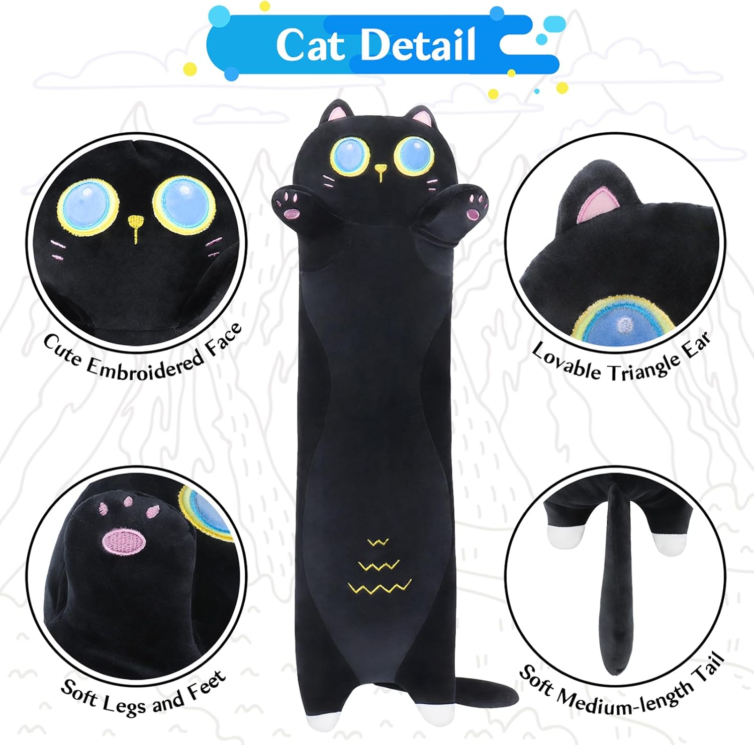 Sprinqdawin Long Black Cat Plush Pillow 355 Cuddly Weighted Stuffed Animal