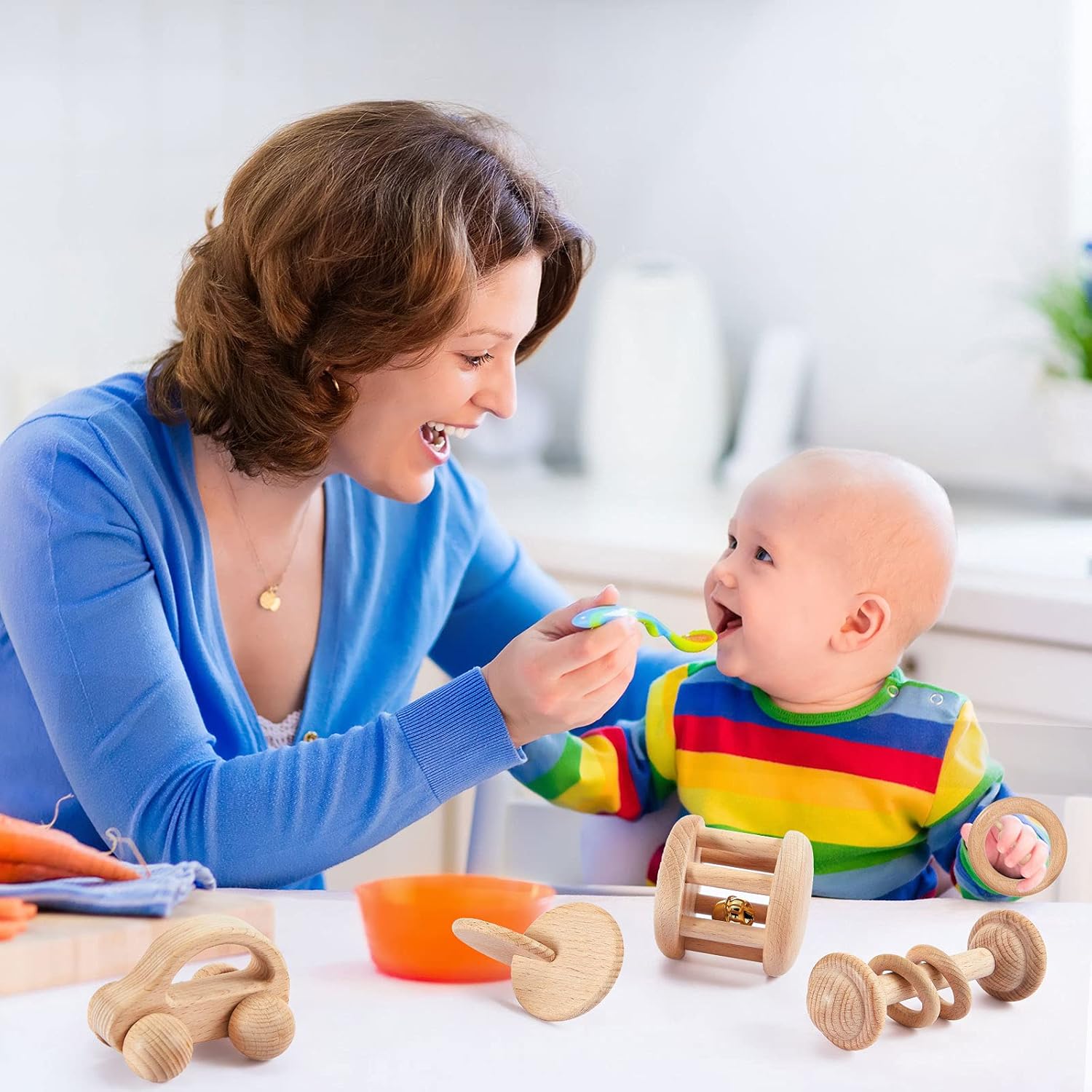Zhanmai 5-Piece Wooden Baby Toys with Bells and Rattles