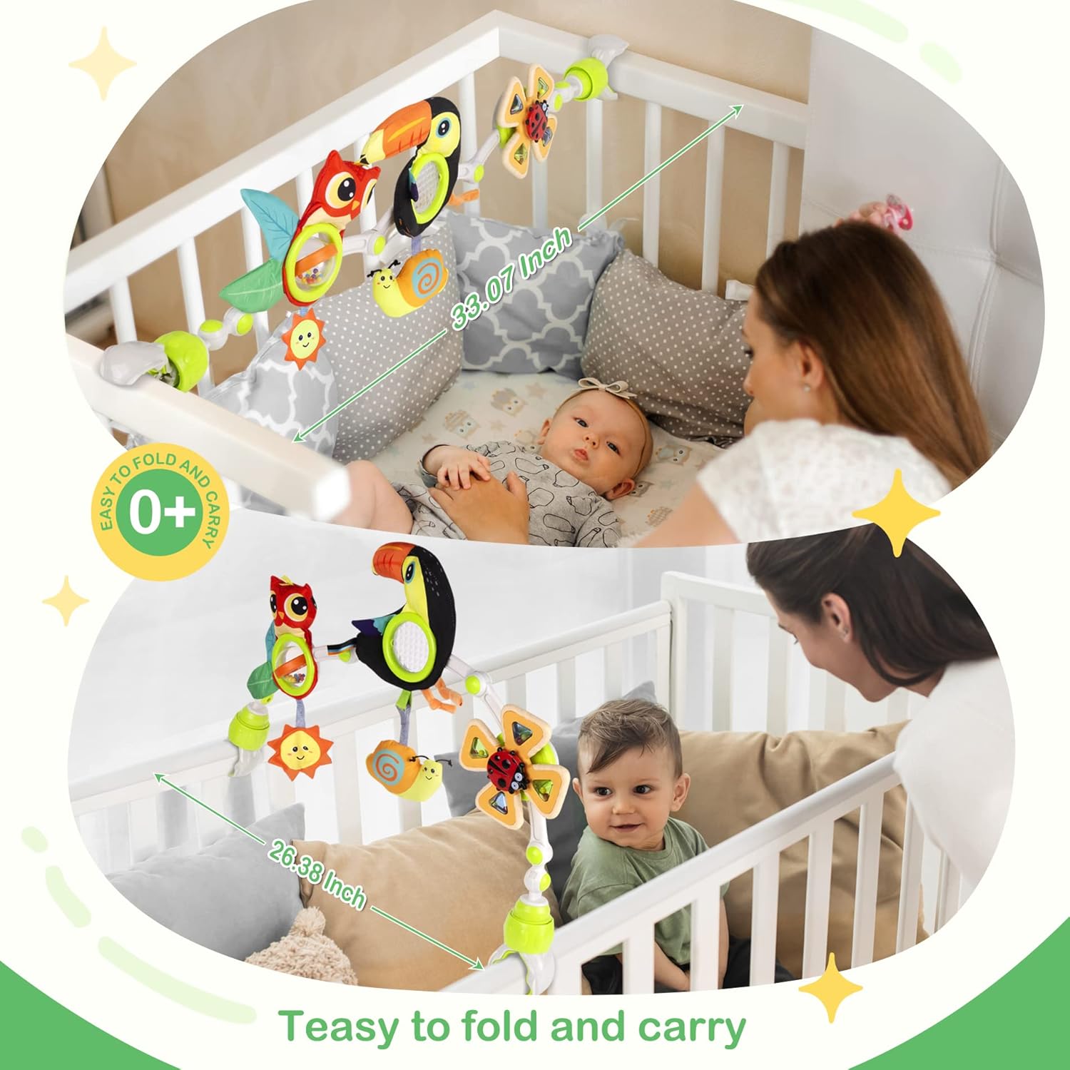 Baby Stroller Arch Toy with Teether Rattle Crinkle Mirror and Music Box