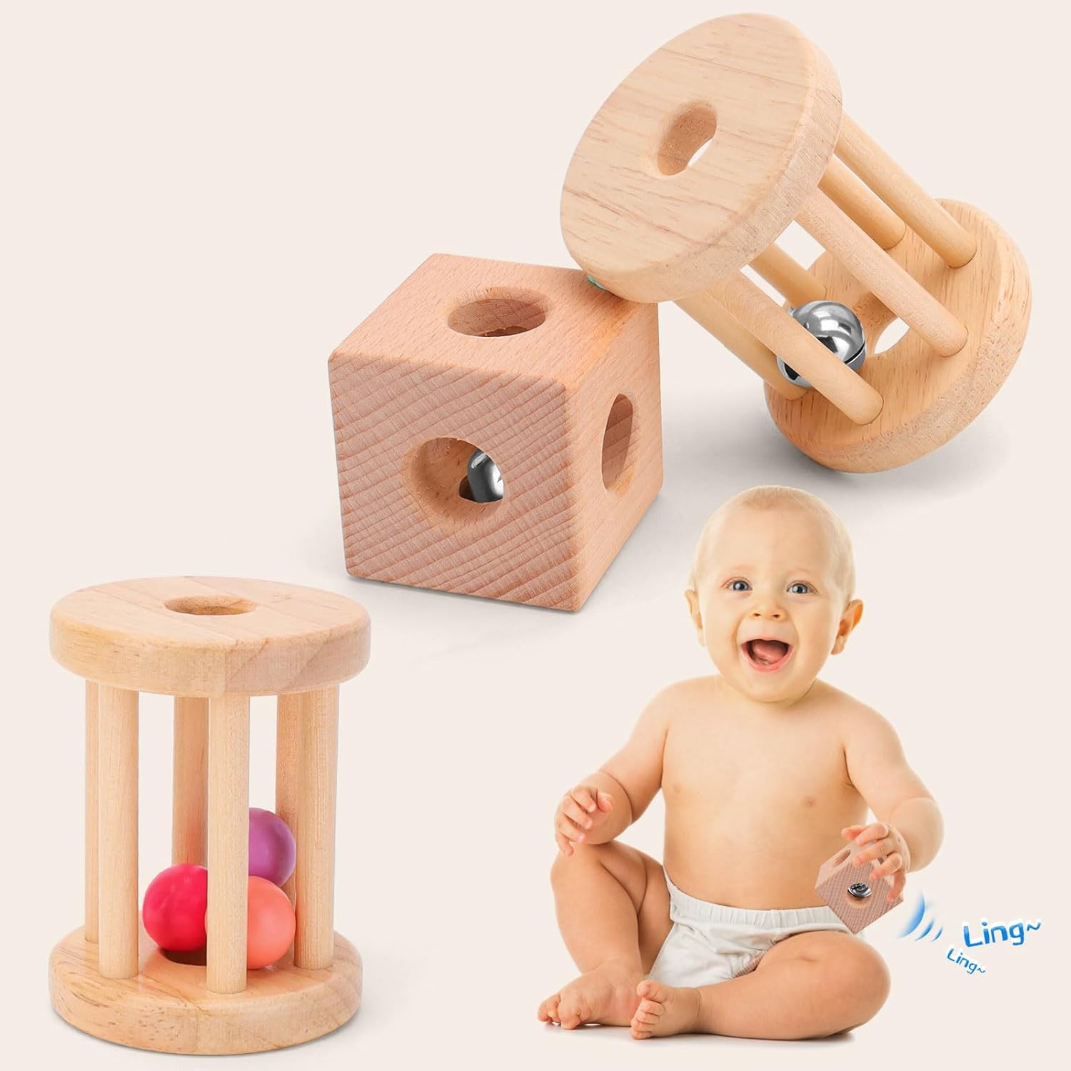 Drocoge 8-Piece Wooden Baby Rattle Set for 0-12 Months