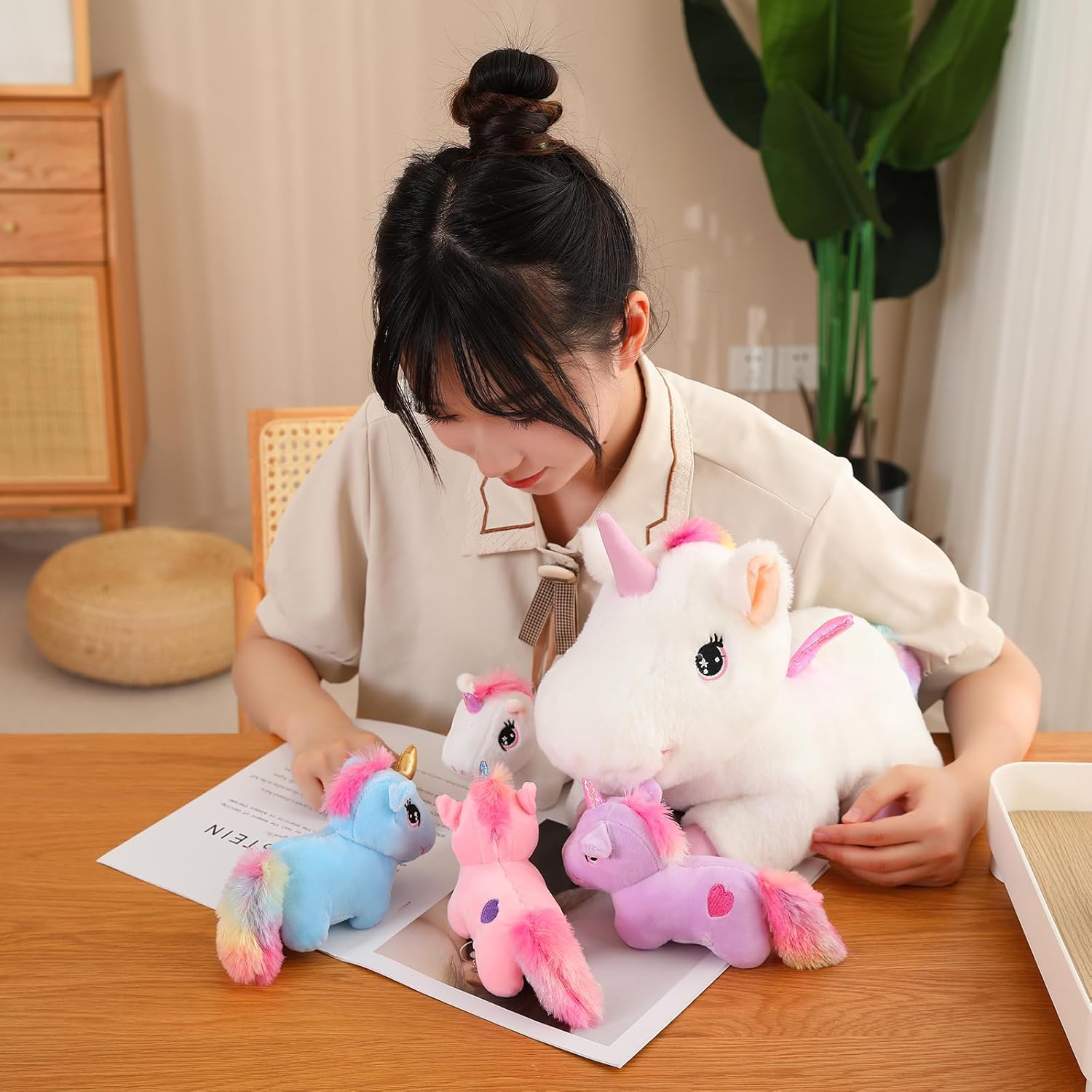 SQEQE Rainbow Unicorn Plush Pillow with 4 Baby Friends