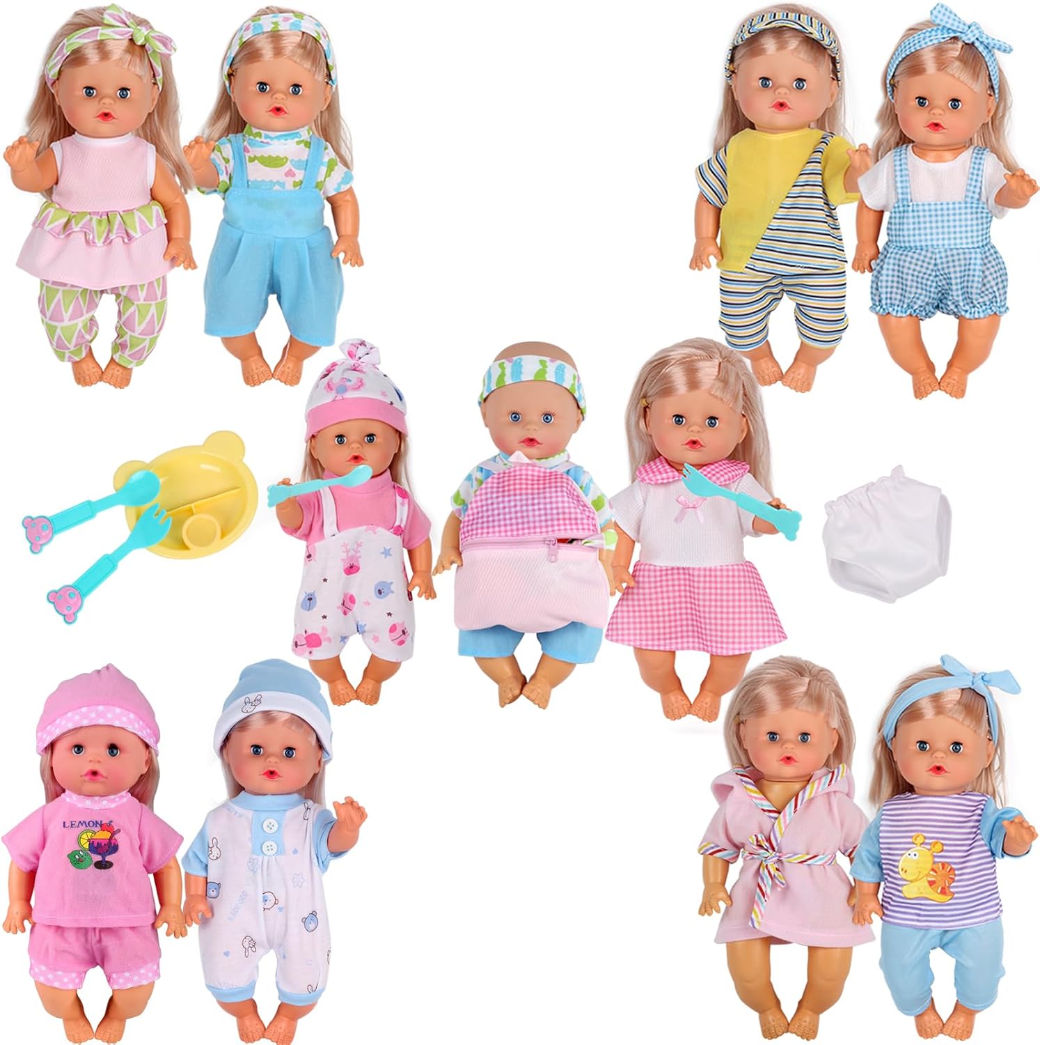 Young Buds 10 Sets Baby Doll Clothes with Schoolbag Cutlery Toys