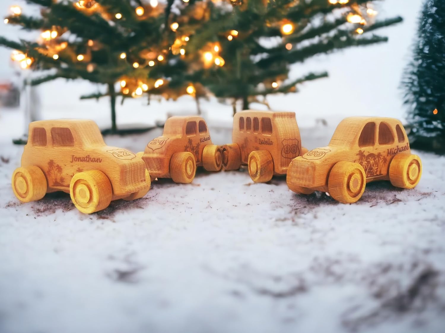 JOLLY WOODPECKER Personalized 4pcs Wooden Toy Cars for Toddlers 1-3