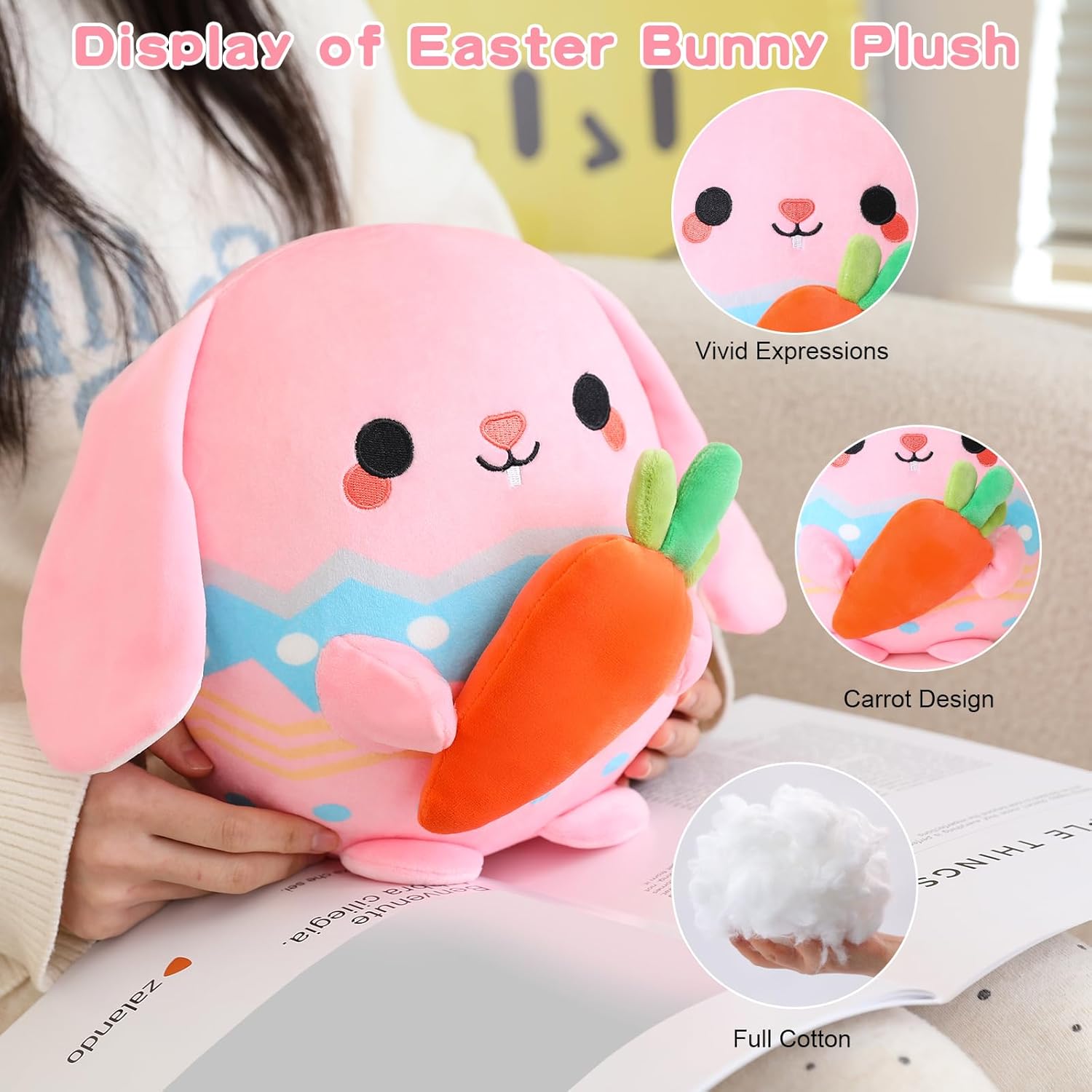 Pink Bunny Plush Stuffed Animal Toy with Carrot - 10 Inch Easter Pillow Gift