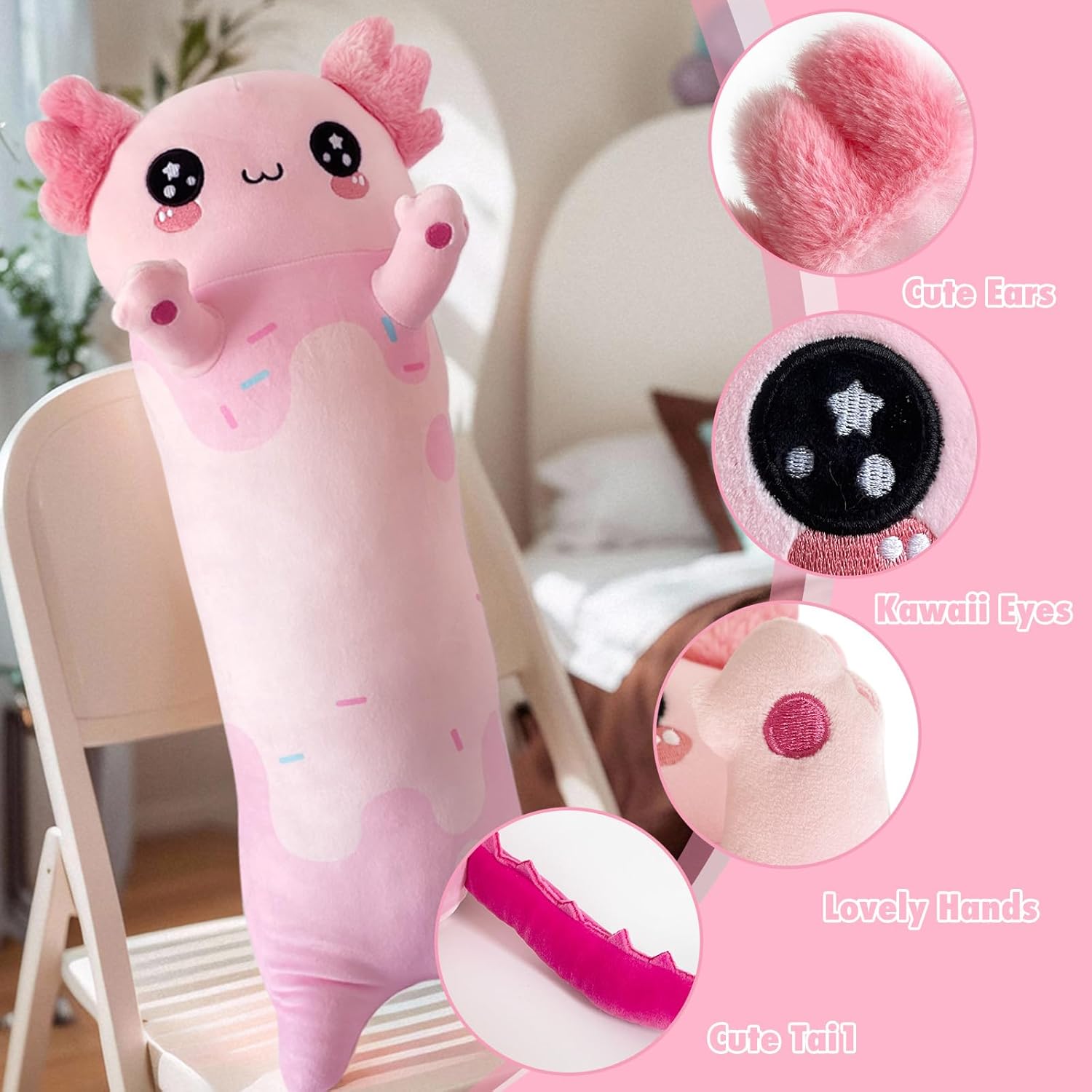 Pink Axolotl Plush Pillow 28 Inch Cute Stuffed Animal for Kids