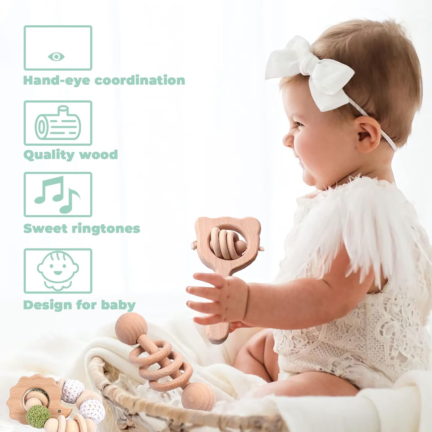 6 Pieces Wooden Baby Rattle Toy Set for 0-6 Months
