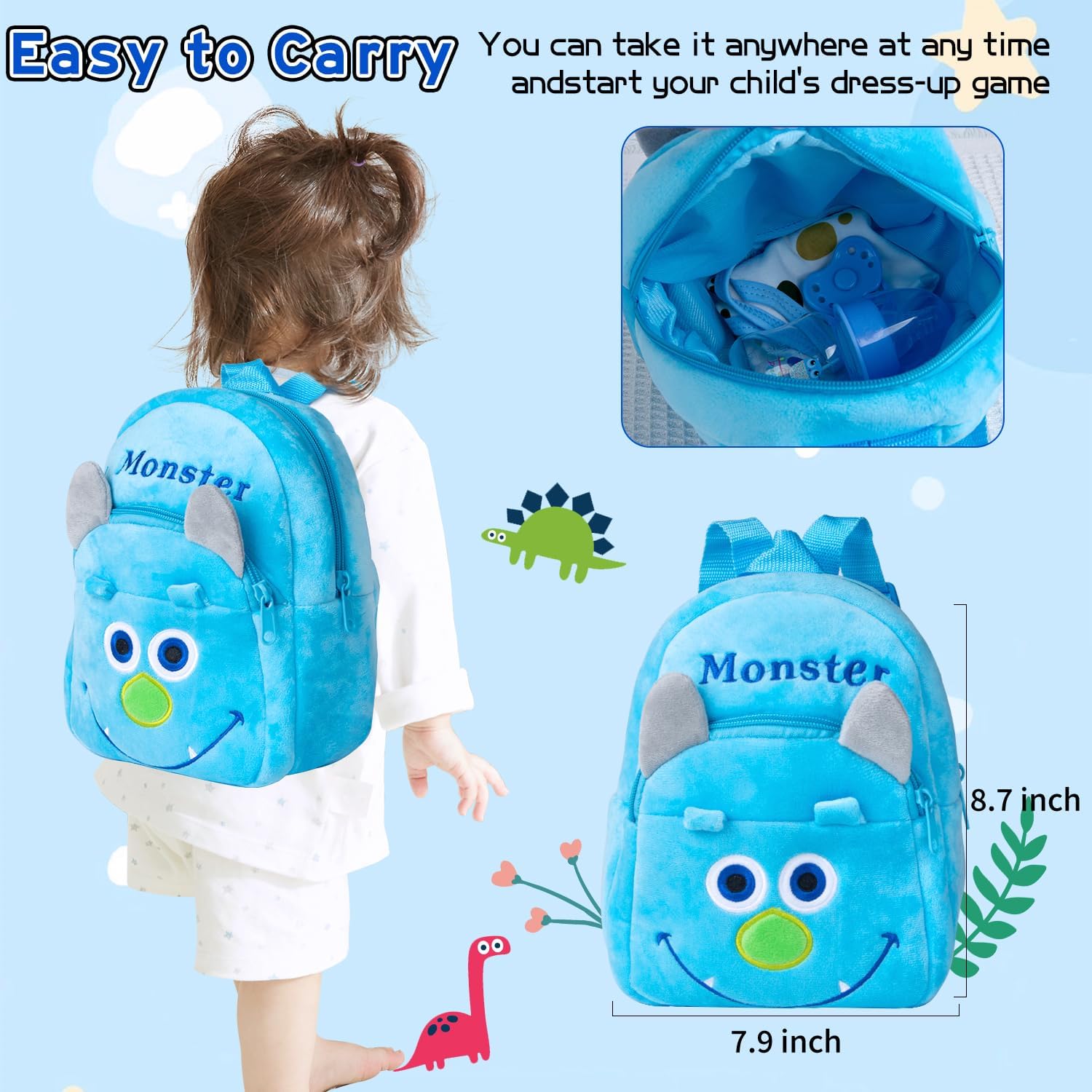 Pedolltree 9 Pcs Reborn Baby Doll Blue Dinosaur Outfit Accessories Set
