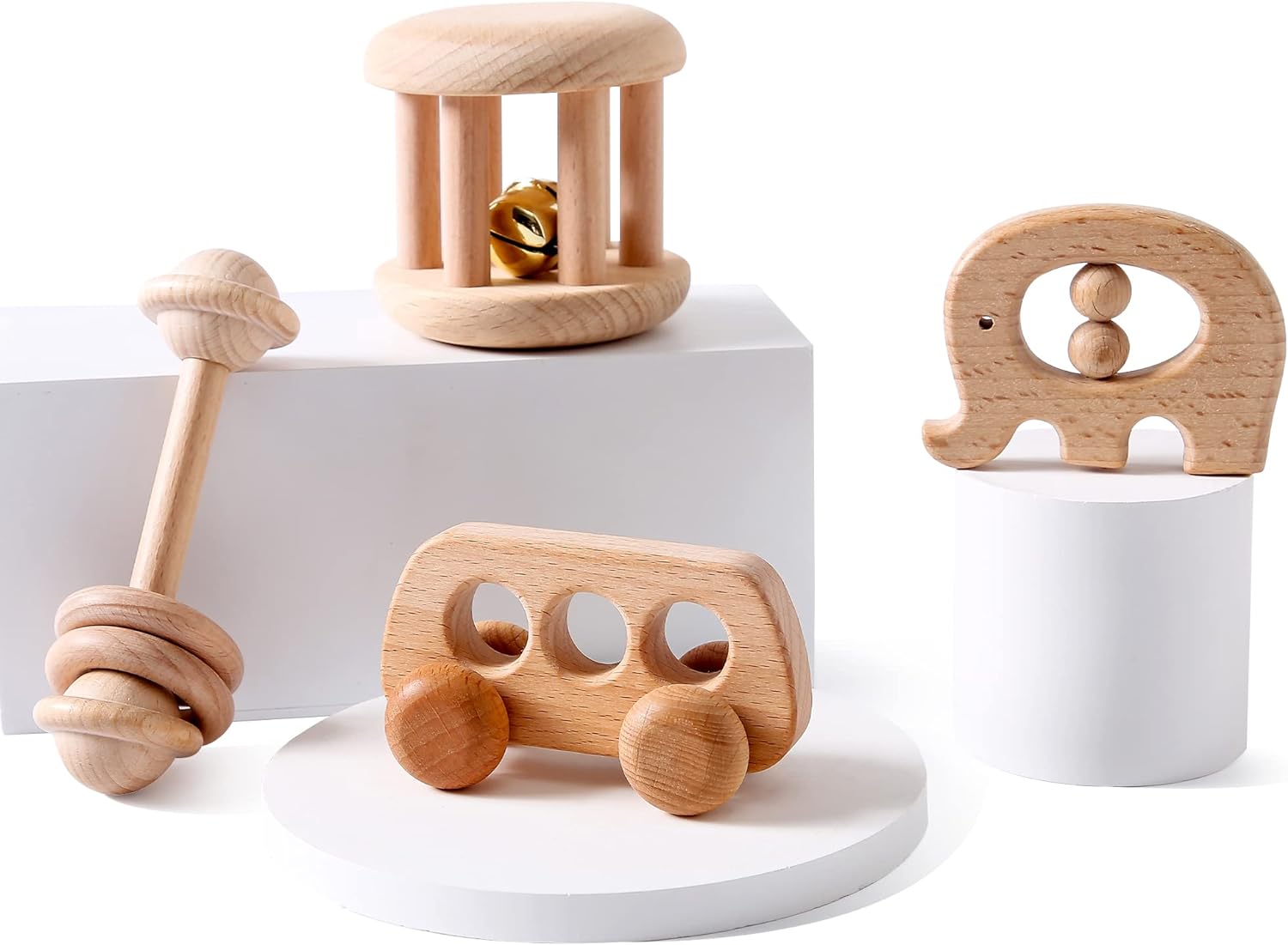 Organic Wooden Baby Rattle Montessori Bell Roller Toy