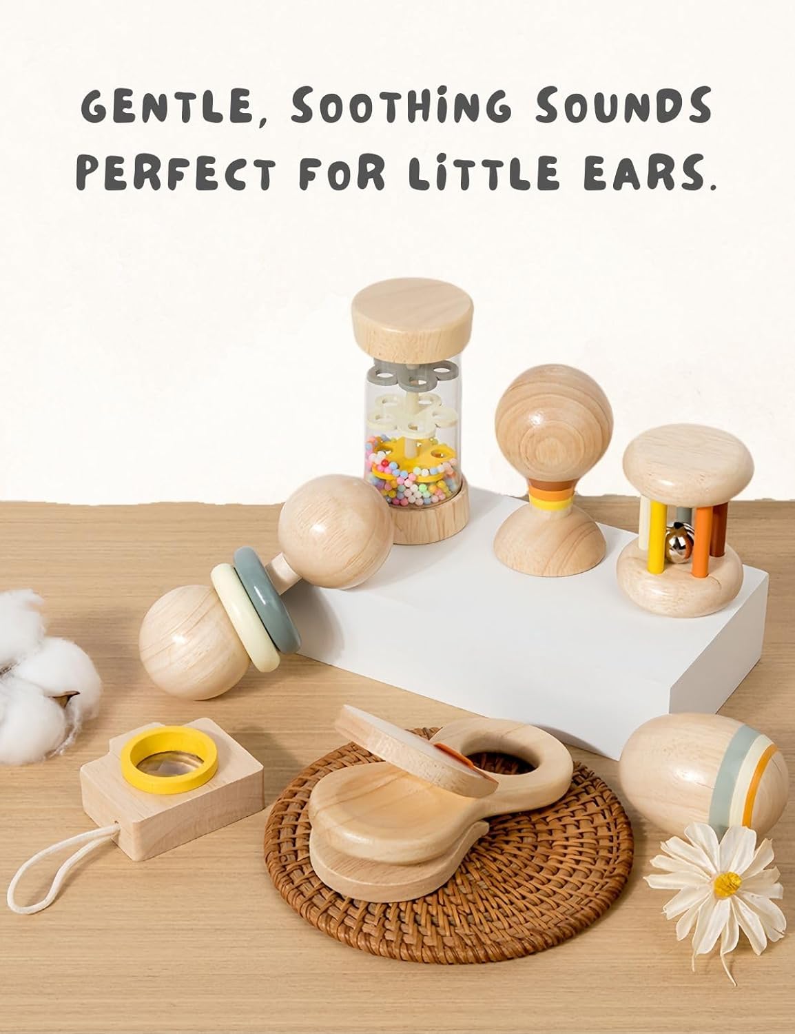 BONOVISTA 7PCS Wooden Baby Toy Set for Newborns 0-12 Months