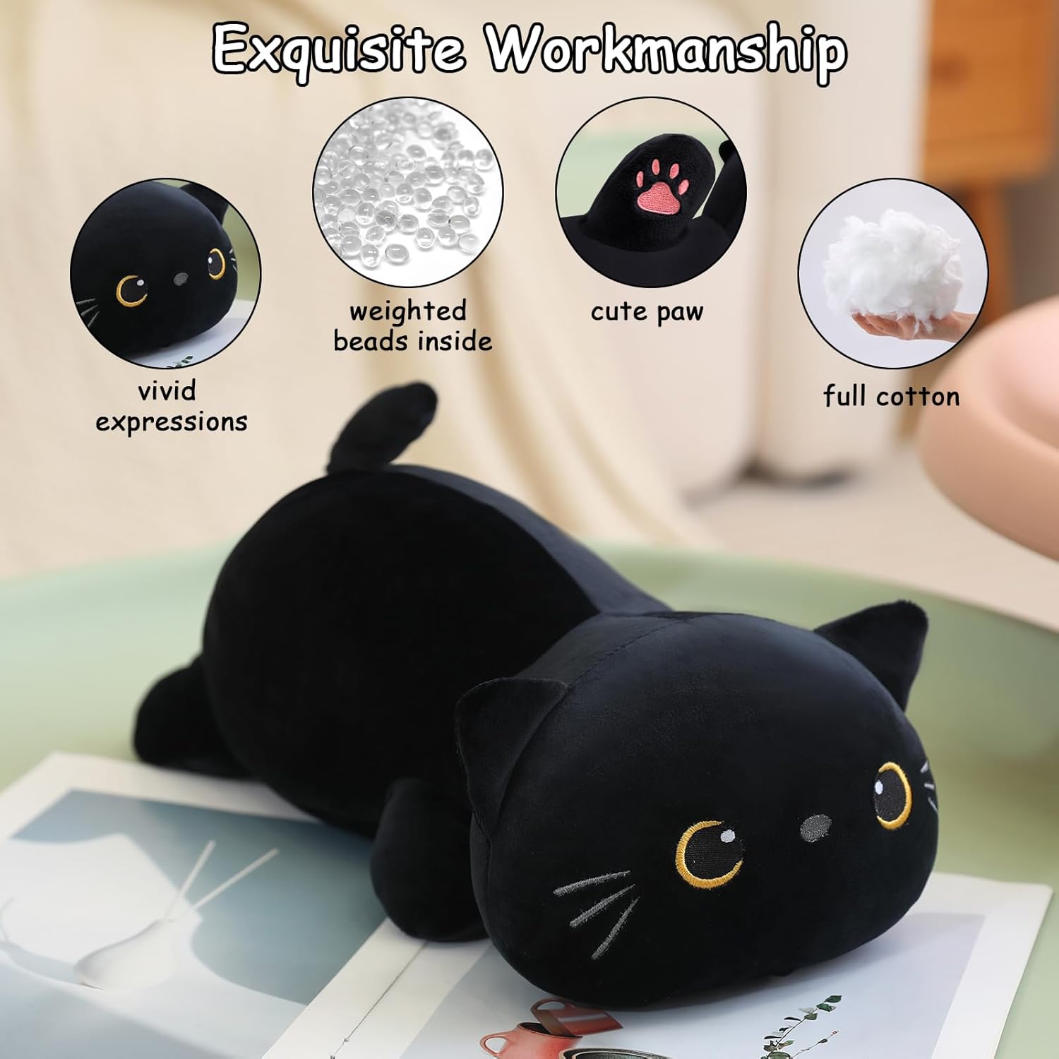 SQEQE Weighted Black Cat Plush 138 Inch 16 Lbs