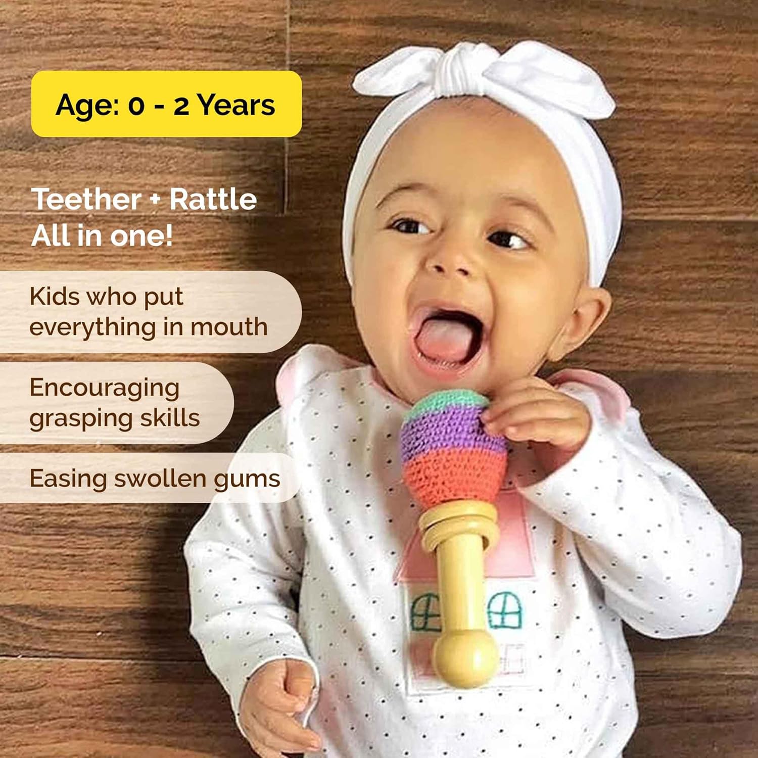 Shumee 5 Inch Crochet Wooden Baby Rattle for Newborn