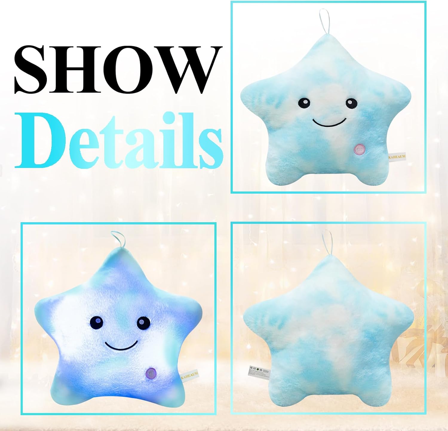 LED Star Pillow for Kids Night Light Plush Decor
