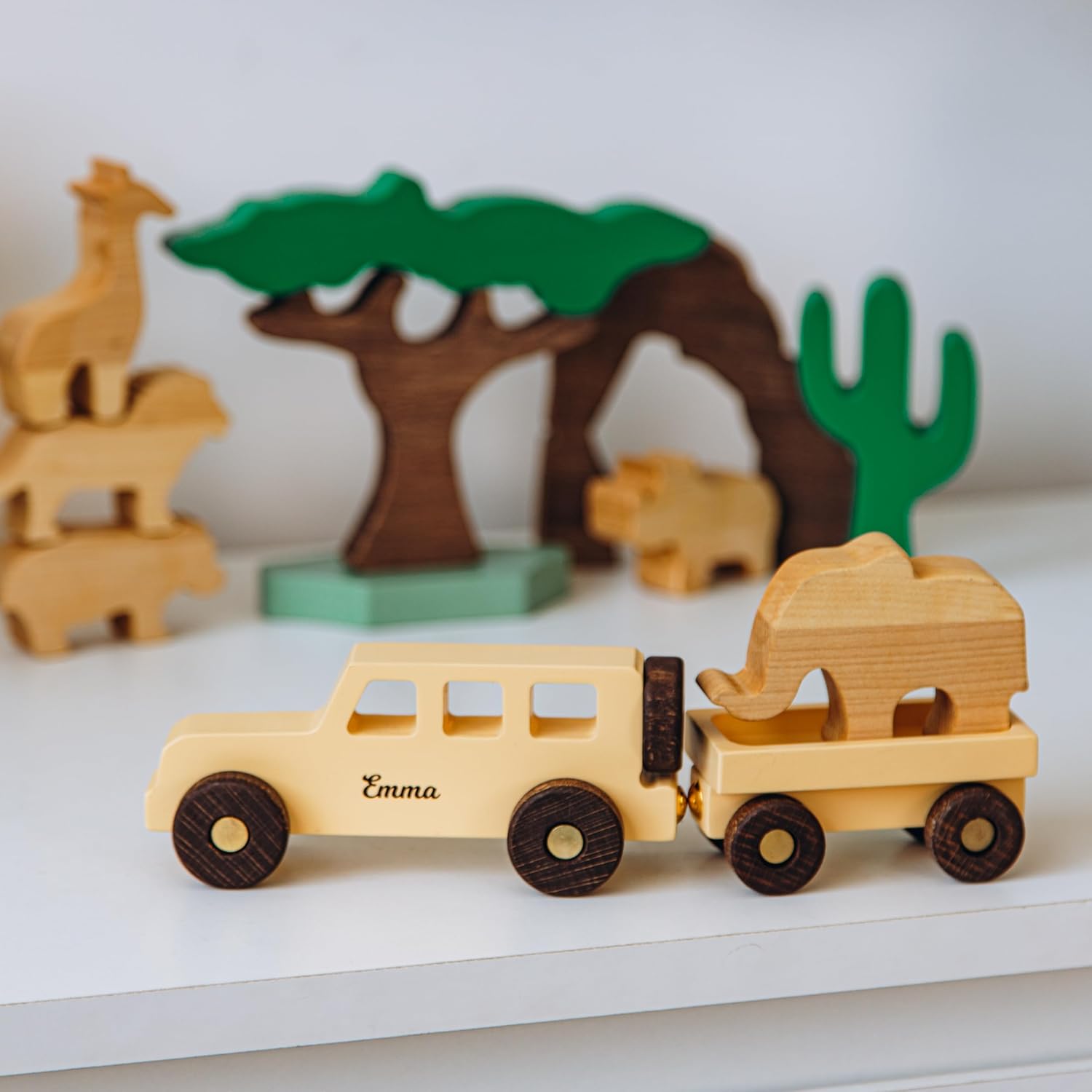Personalized Wooden Car Dinosaur Play Set for Kids