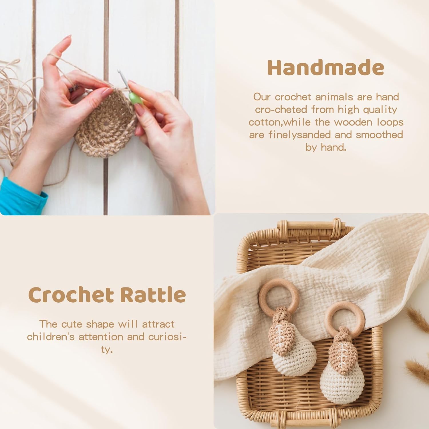 Wooden Teether Crochet Baby Rattle with Pear