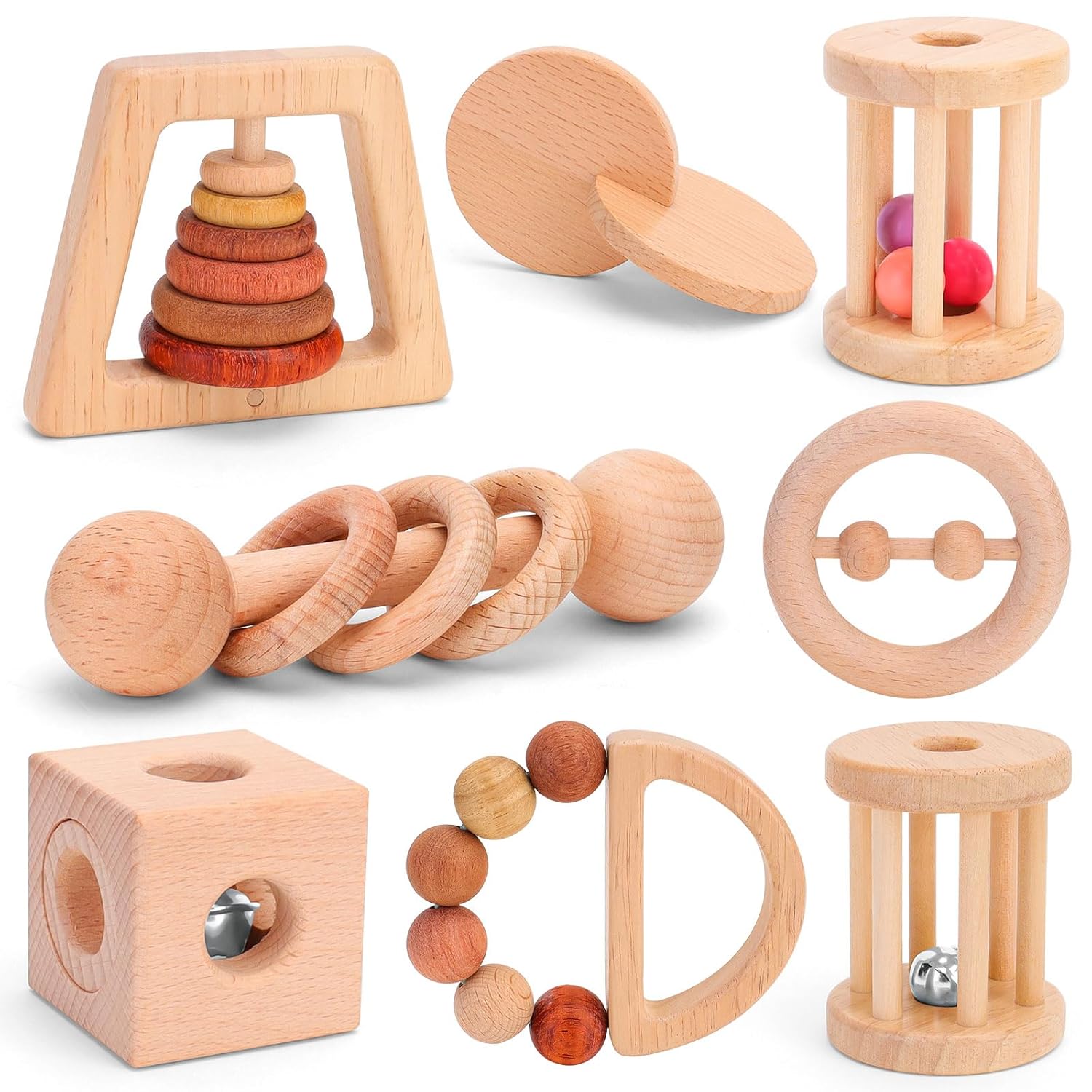 Drocoge 8-Piece Wooden Baby Rattle Set for 0-12 Months