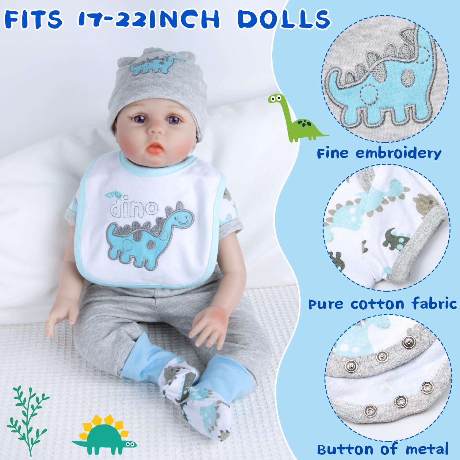Pedolltree 9 Pcs Reborn Baby Doll Blue Dinosaur Outfit Accessories Set