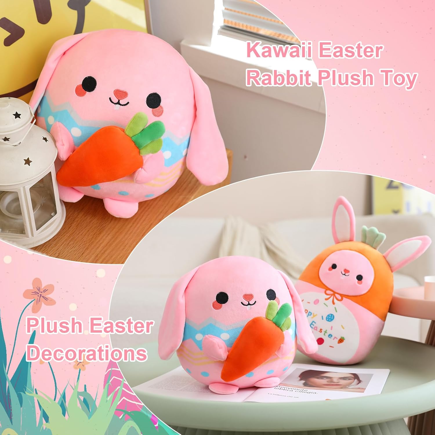 Pink Bunny Plush Stuffed Animal Toy with Carrot - 10 Inch Easter Pillow Gift