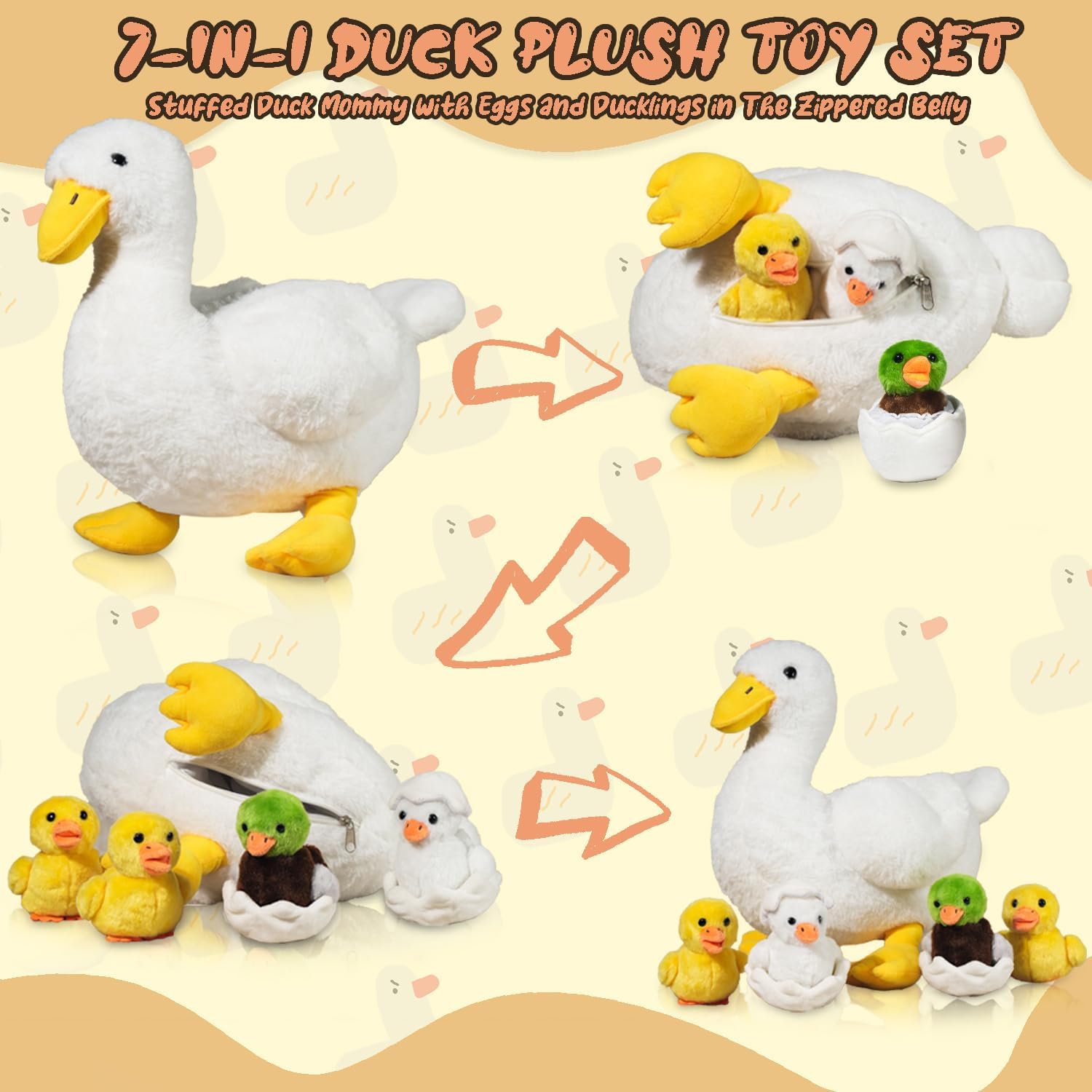 7-in-1 Funny Duck Plush Toy with Zippered Belly