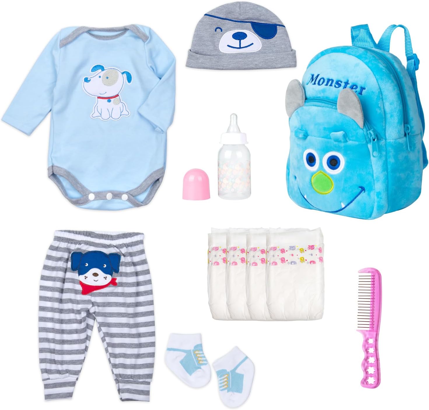 PEDOLLTREE Blue Puppy Reborn Baby Doll 11 Pcs Outfit Set