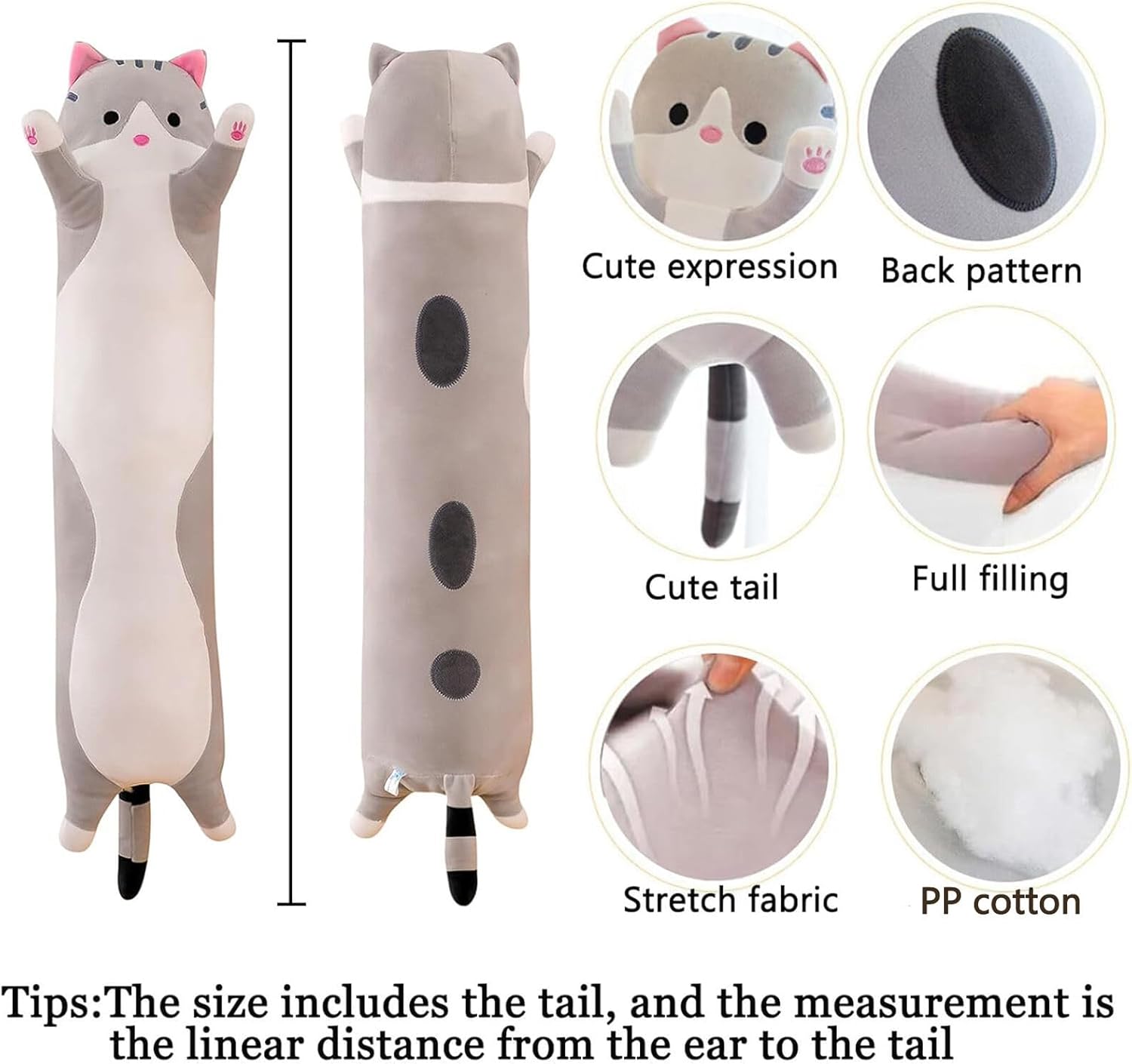 Somao Long Cat Plush Pillow for Kids Gray
