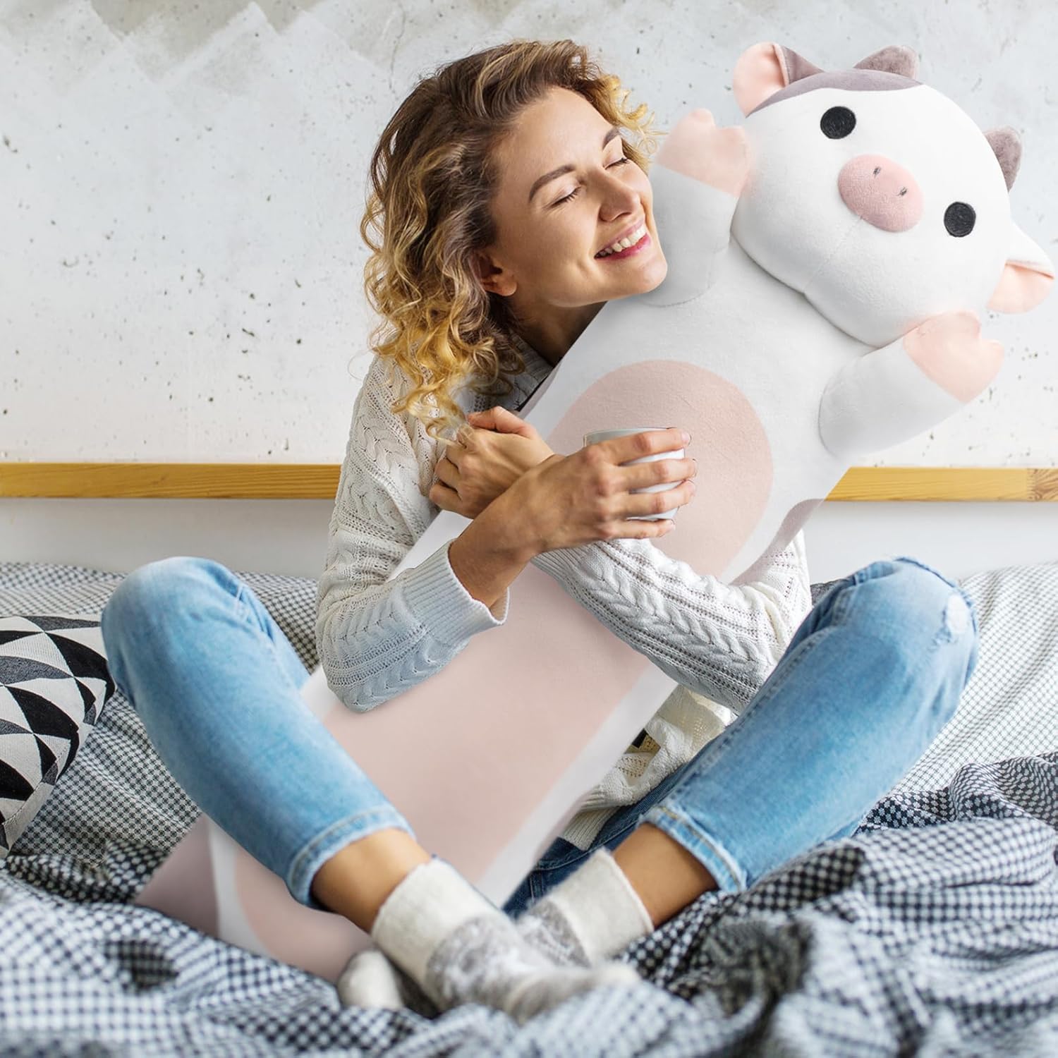Mewaii Long Plush Cow Pillow for Cuddling and Comfort