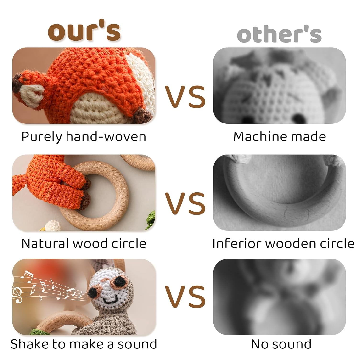 Wooden Teether Crochet Baby Rattle - Gray Elephant