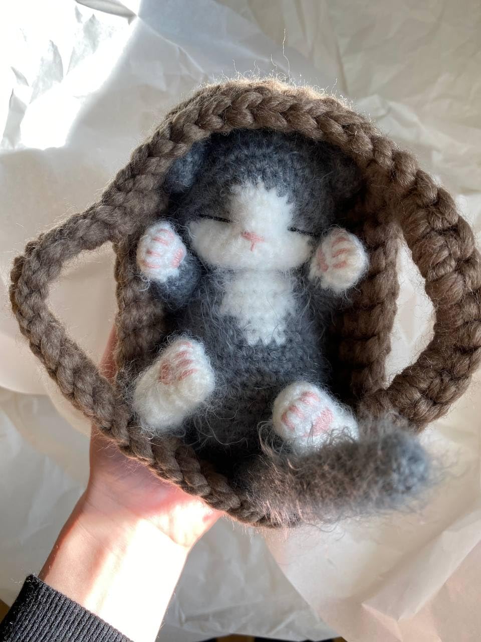 Fluffy Sleeping Kitten Dark Grey Crochet Toy for Toddlers