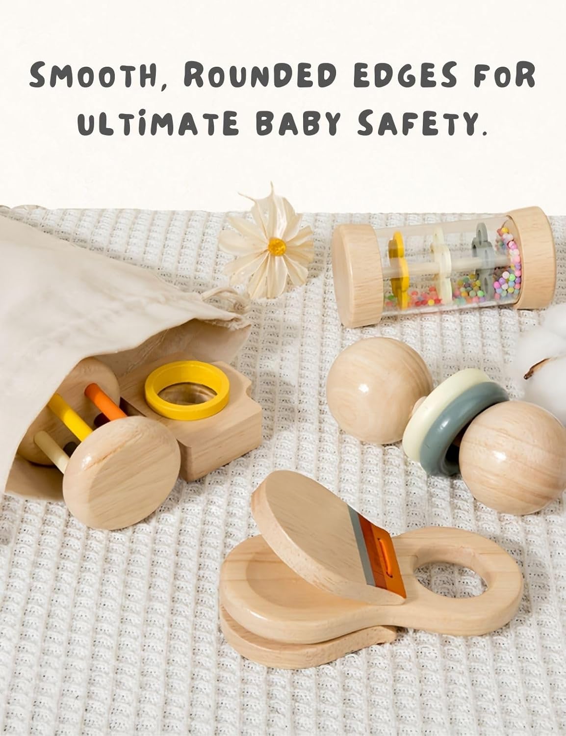 BONOVISTA 7PCS Wooden Baby Toy Set for Newborns 0-12 Months