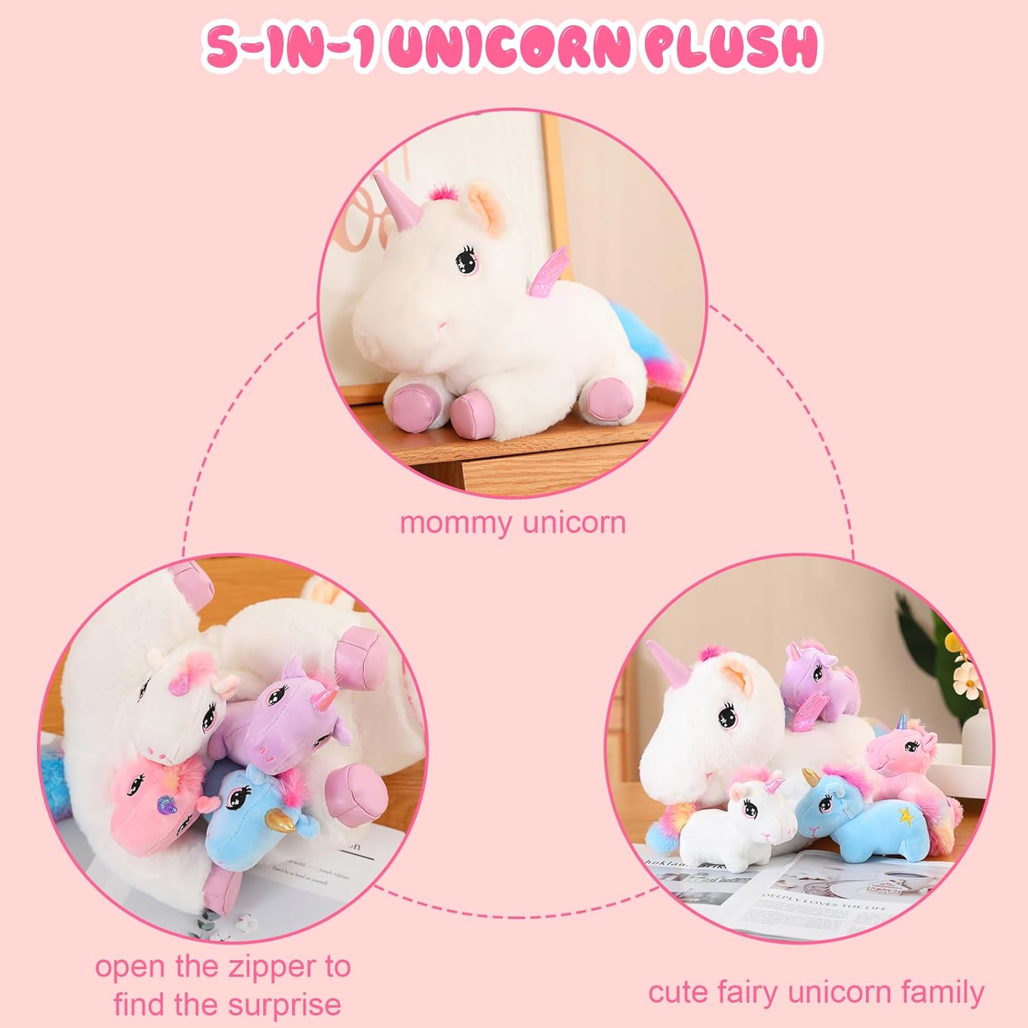 SQEQE Rainbow Unicorn Plush Pillow with 4 Baby Friends
