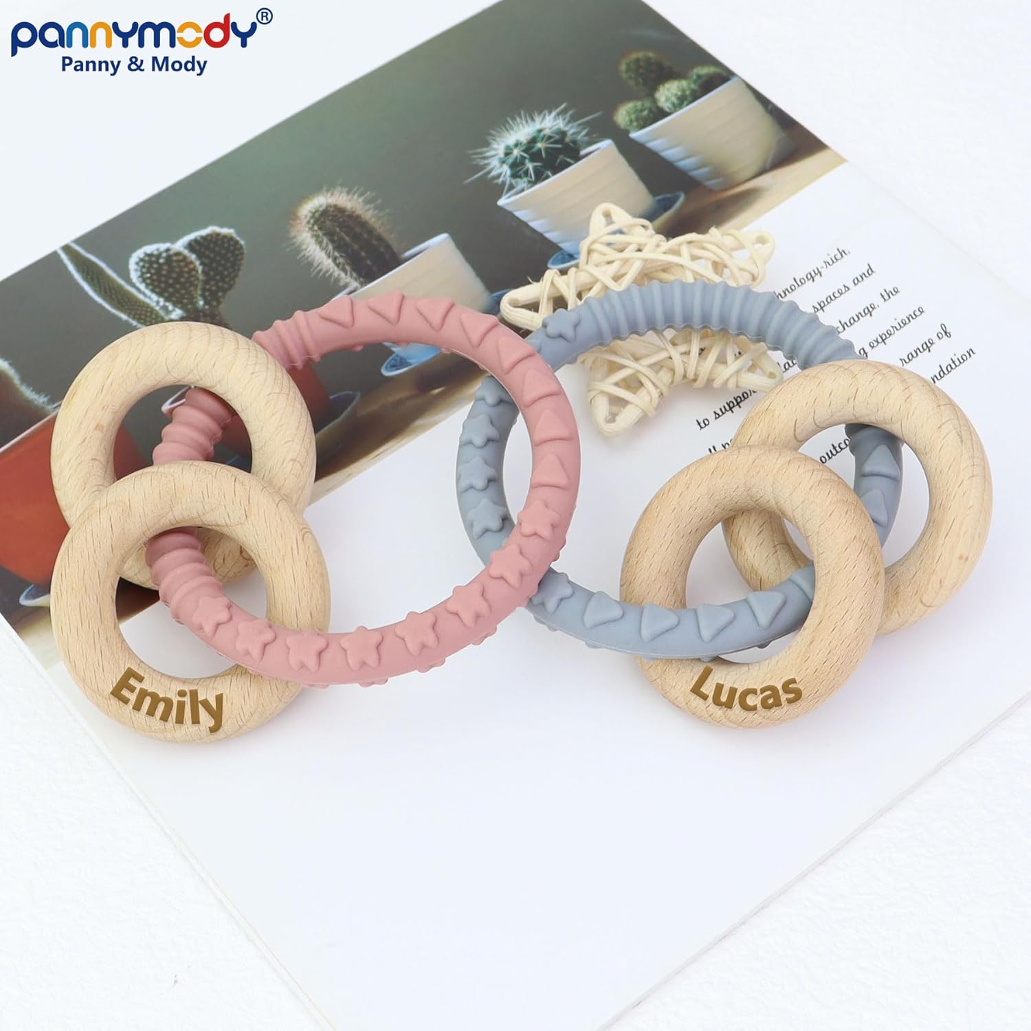 Personalized Name Baby Rattle Teether Ring Pink