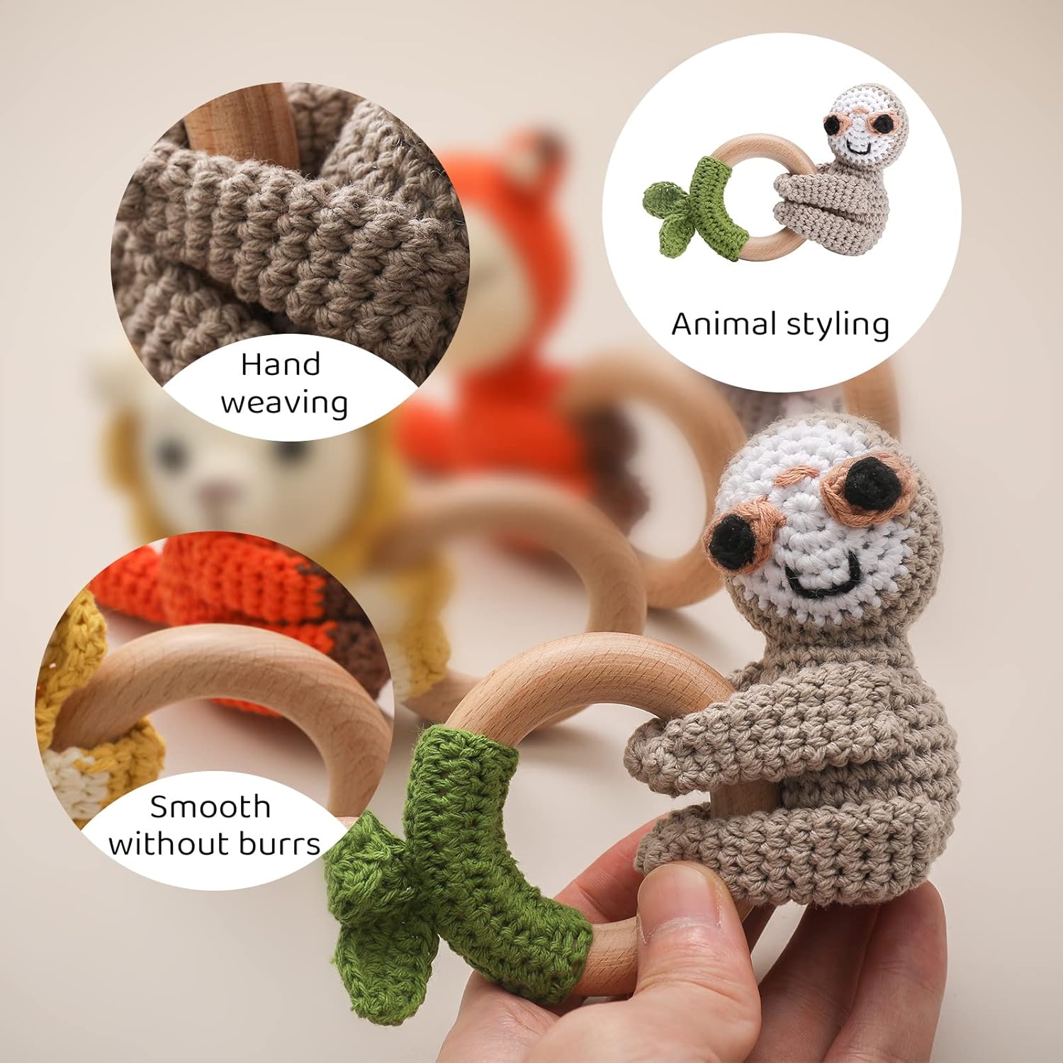 Wooden Teether Crochet Baby Rattle - Gray Elephant