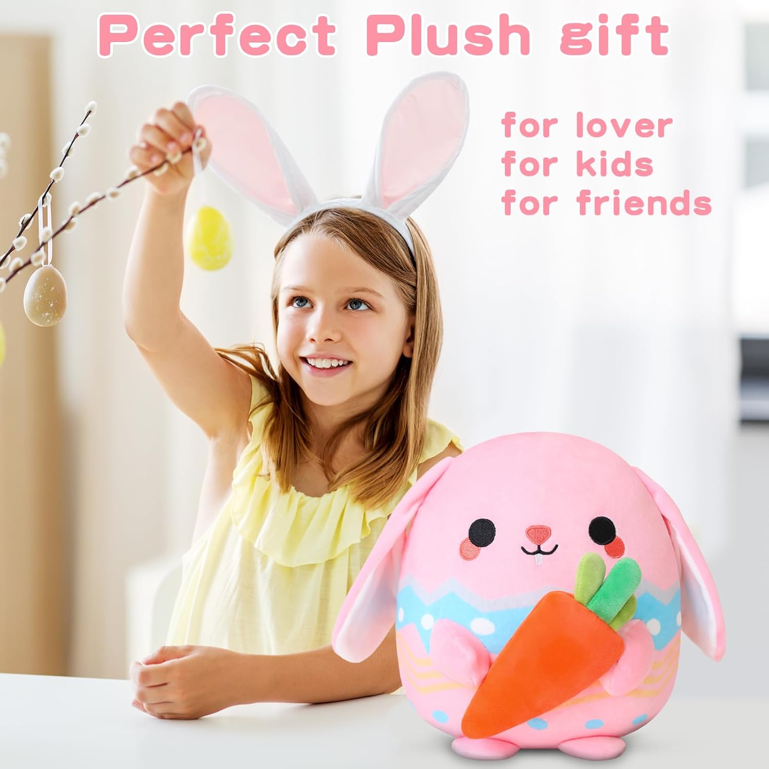 Pink Bunny Plush Stuffed Animal Toy with Carrot - 10 Inch Easter Pillow Gift