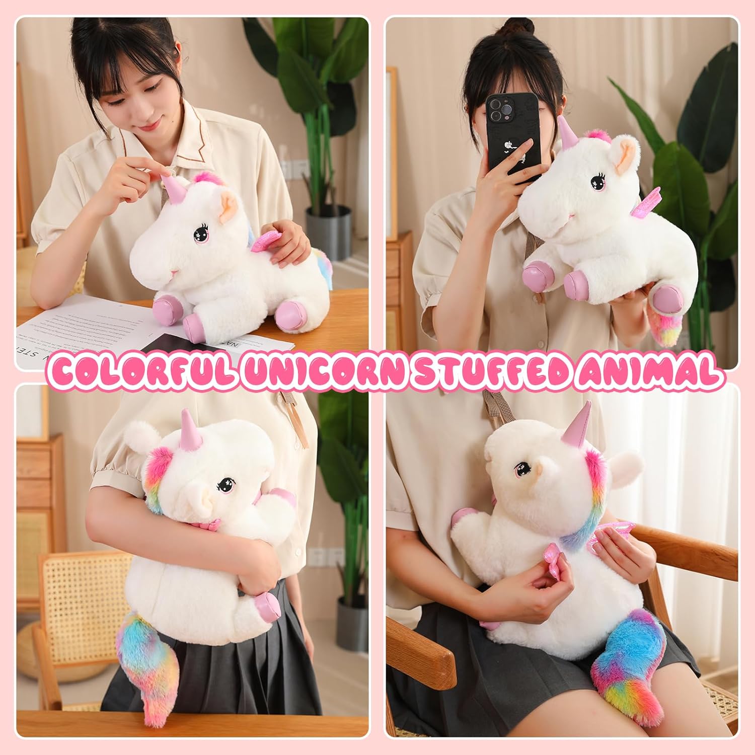 SQEQE Rainbow Unicorn Plush Pillow with 4 Baby Friends