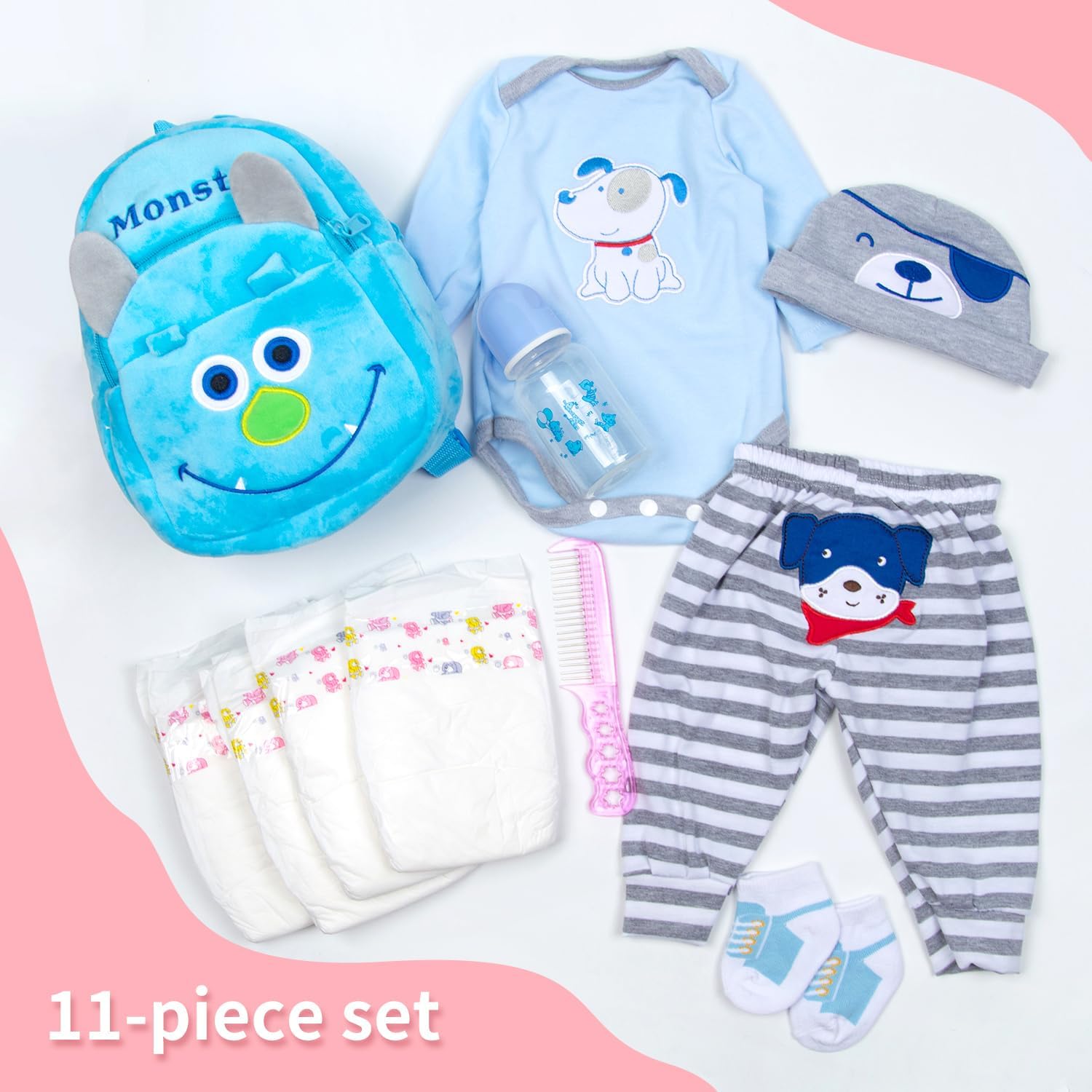 PEDOLLTREE Blue Puppy Reborn Baby Doll 11 Pcs Outfit Set
