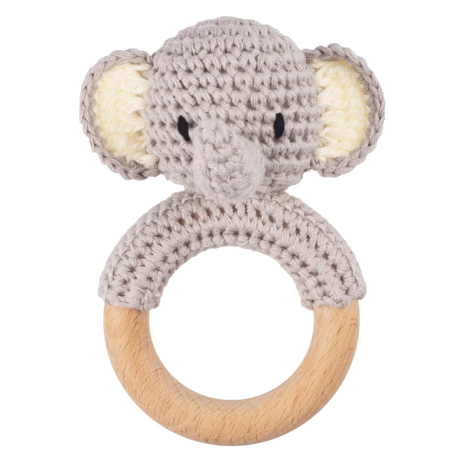 Joliecraft Gray Elephant Wooden Baby Rattle with Teether
