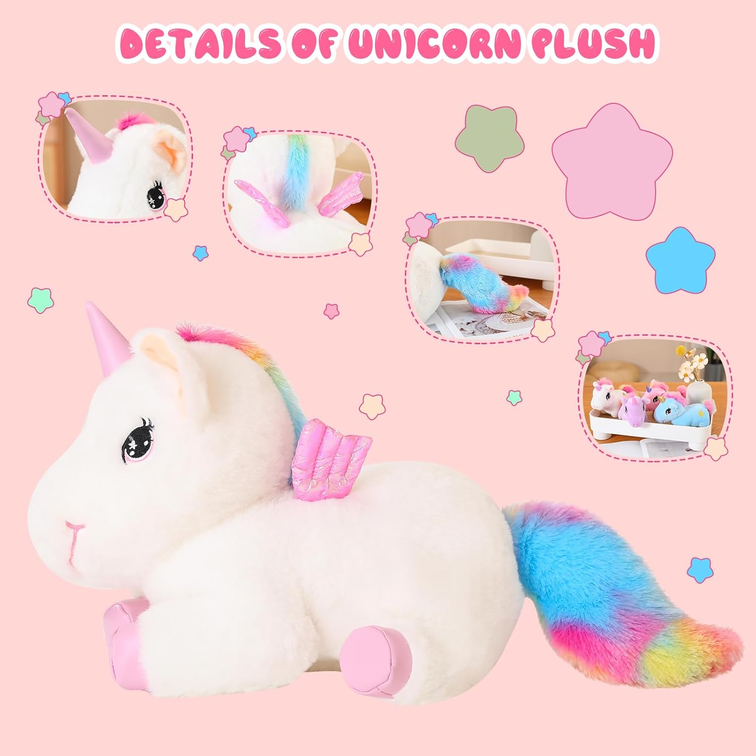 SQEQE Rainbow Unicorn Plush Pillow with 4 Baby Friends