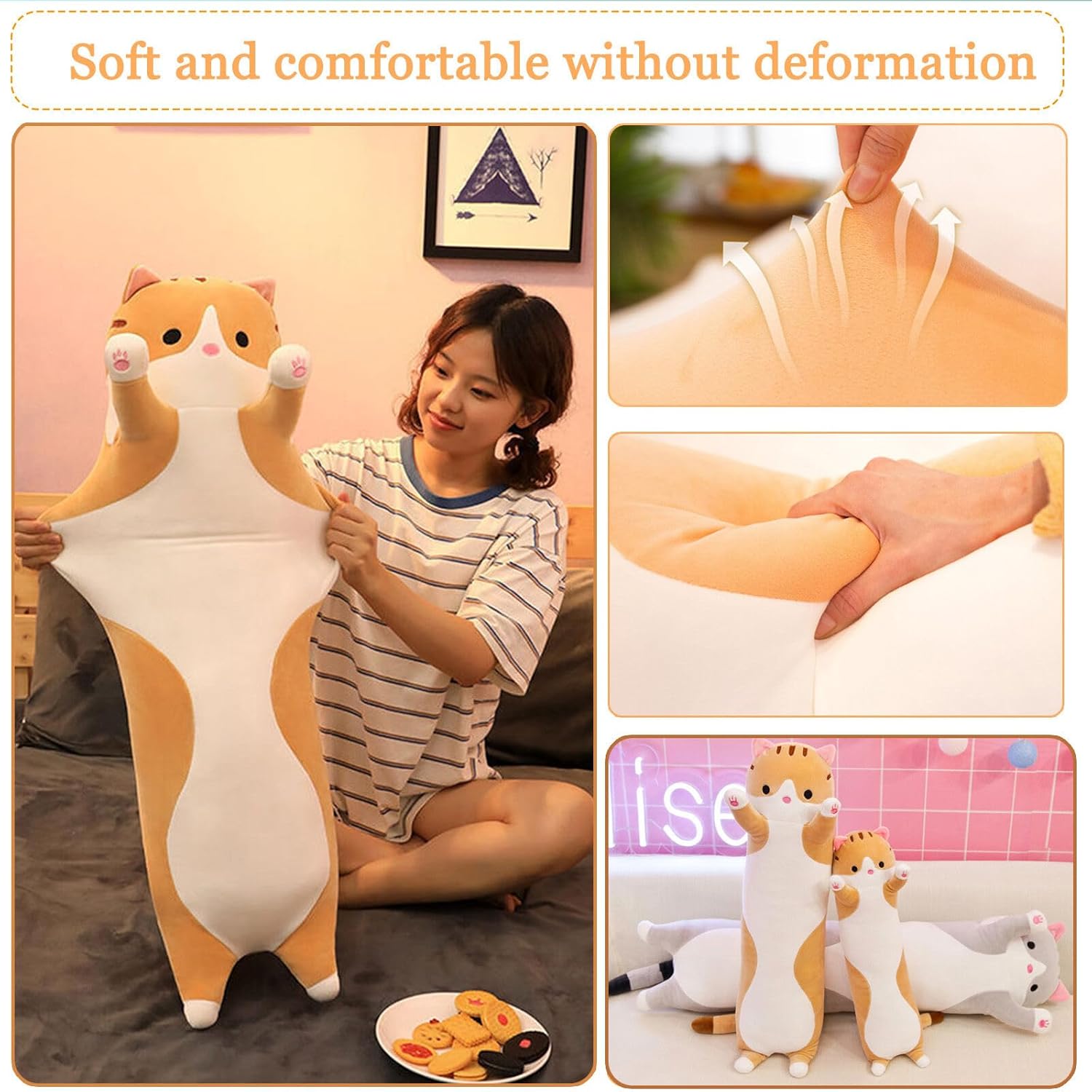 Somao Long Yellow Cat Plush Pillow for Kids