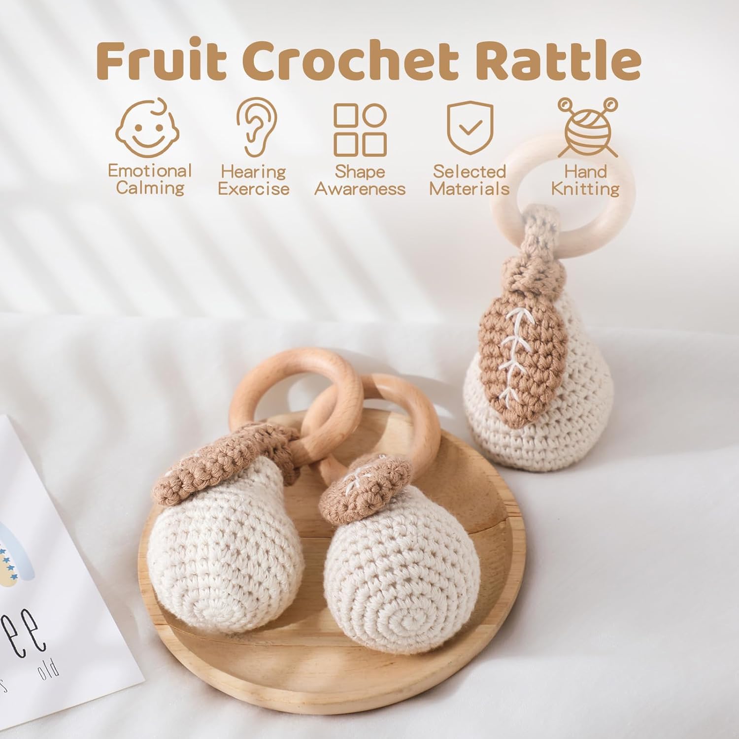 Wooden Teether Crochet Baby Rattle with Pear