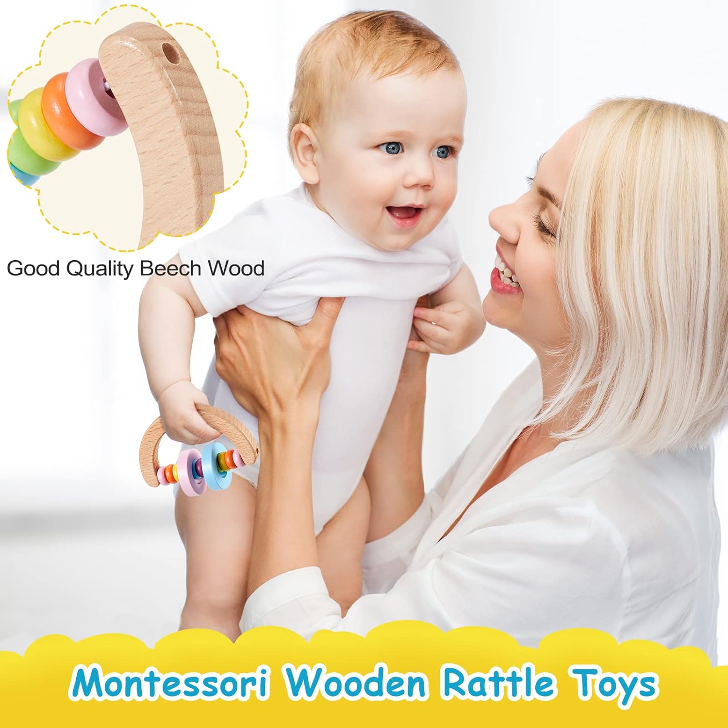 Chivao 4 Pcs Wooden Baby Rattle Set