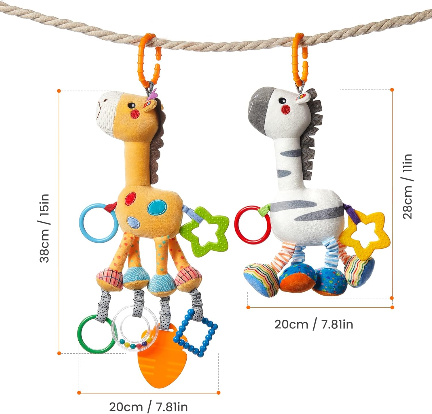 TUMAMA Hanging Toys 2 Pack - Plush Giraffe Zebra Rattle