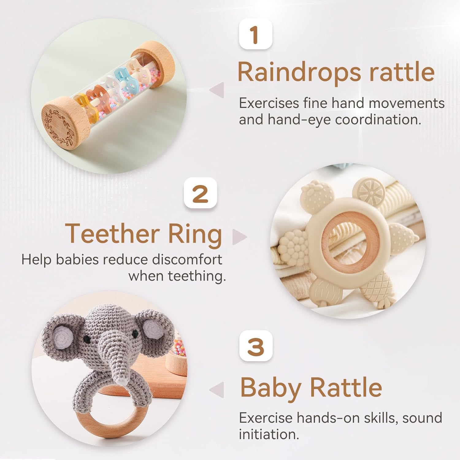 Youuys Wooden Baby Rattle Set 3pcs Gray Elephant