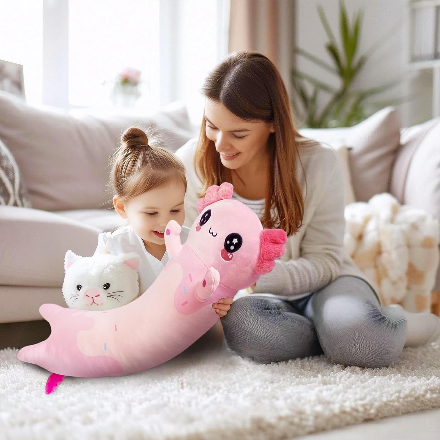 Pink Axolotl Plush Pillow 28 Inch Cute Stuffed Animal for Kids