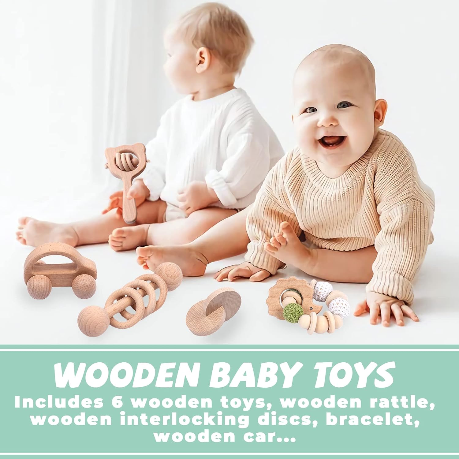 6 Pieces Wooden Baby Rattle Toy Set for 0-6 Months