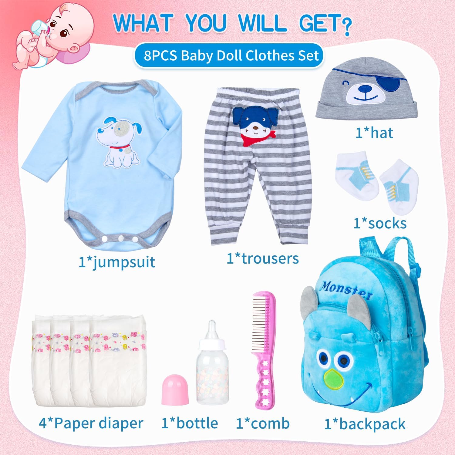 PEDOLLTREE Blue Puppy Reborn Baby Doll 11 Pcs Outfit Set