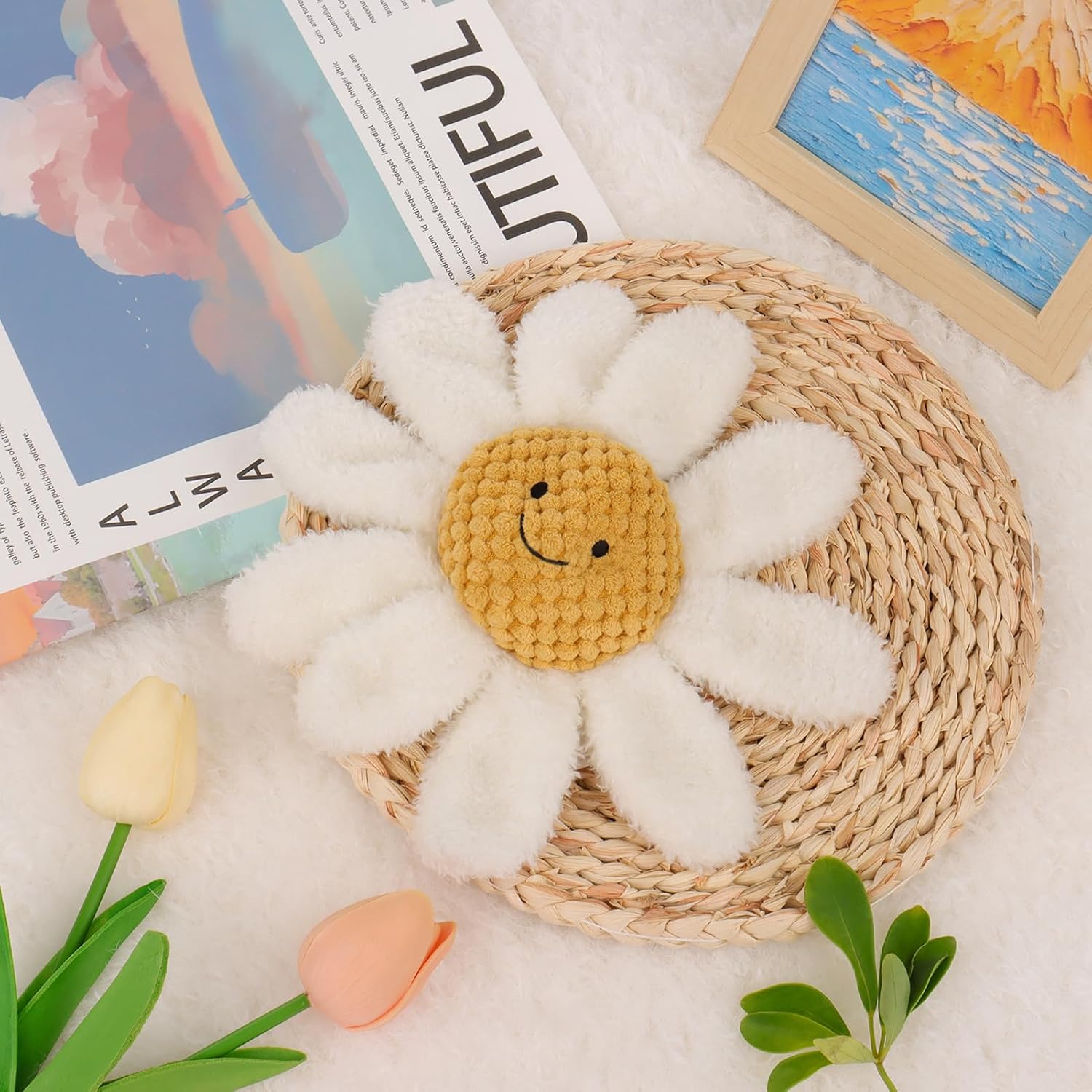 Apricot Lamb Soft Rattle Toy with White Daisy Design