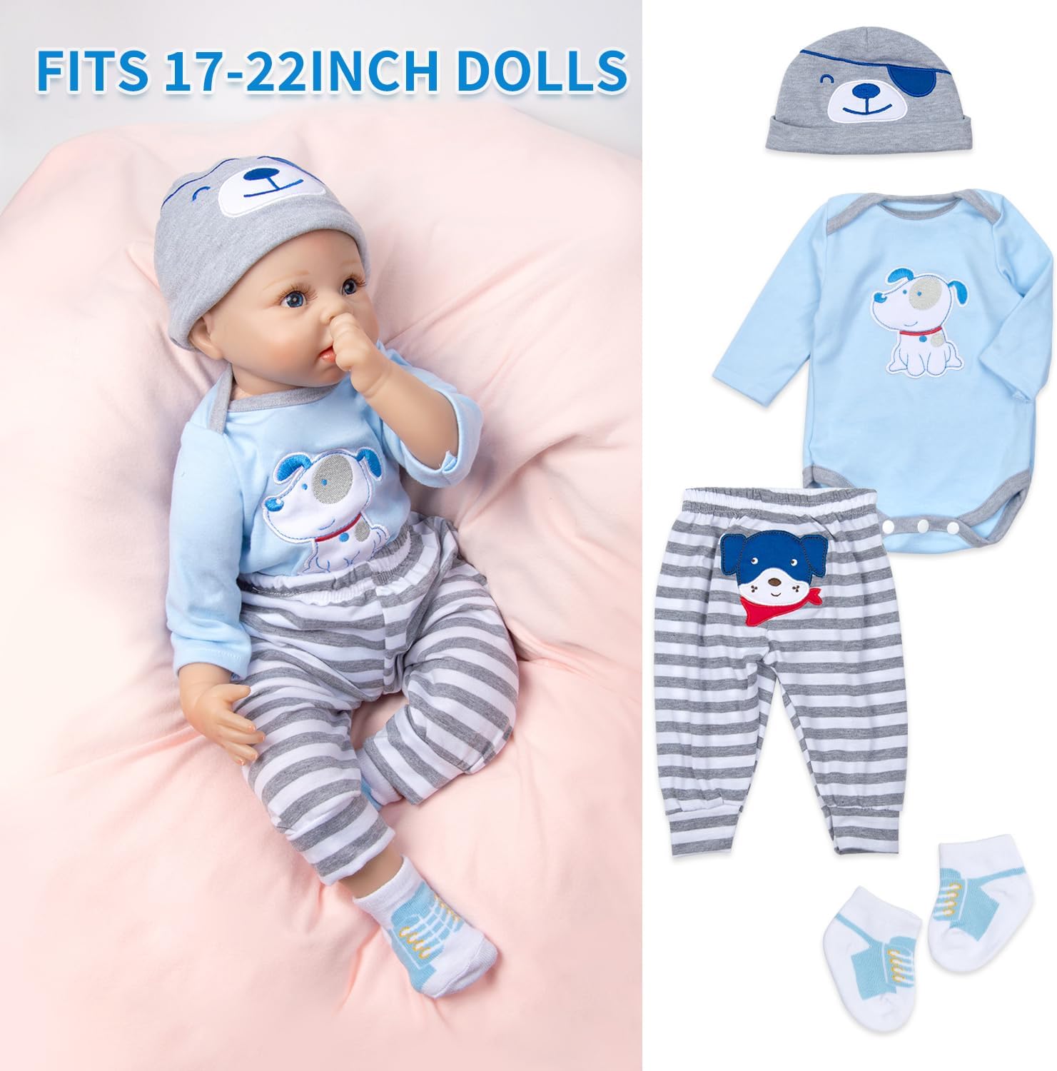 PEDOLLTREE 8 Pcs Reborn Baby Boy Doll Clothes Blue Puppy Set