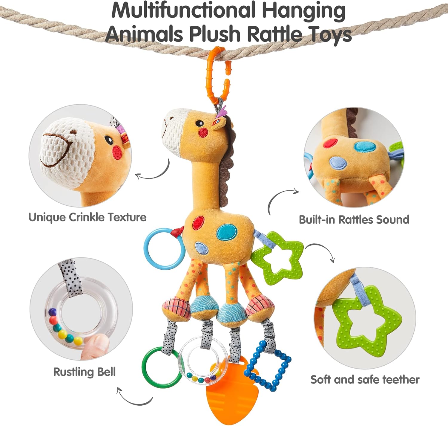 TUMAMA Hanging Toys 2 Pack - Plush Giraffe Zebra Rattle