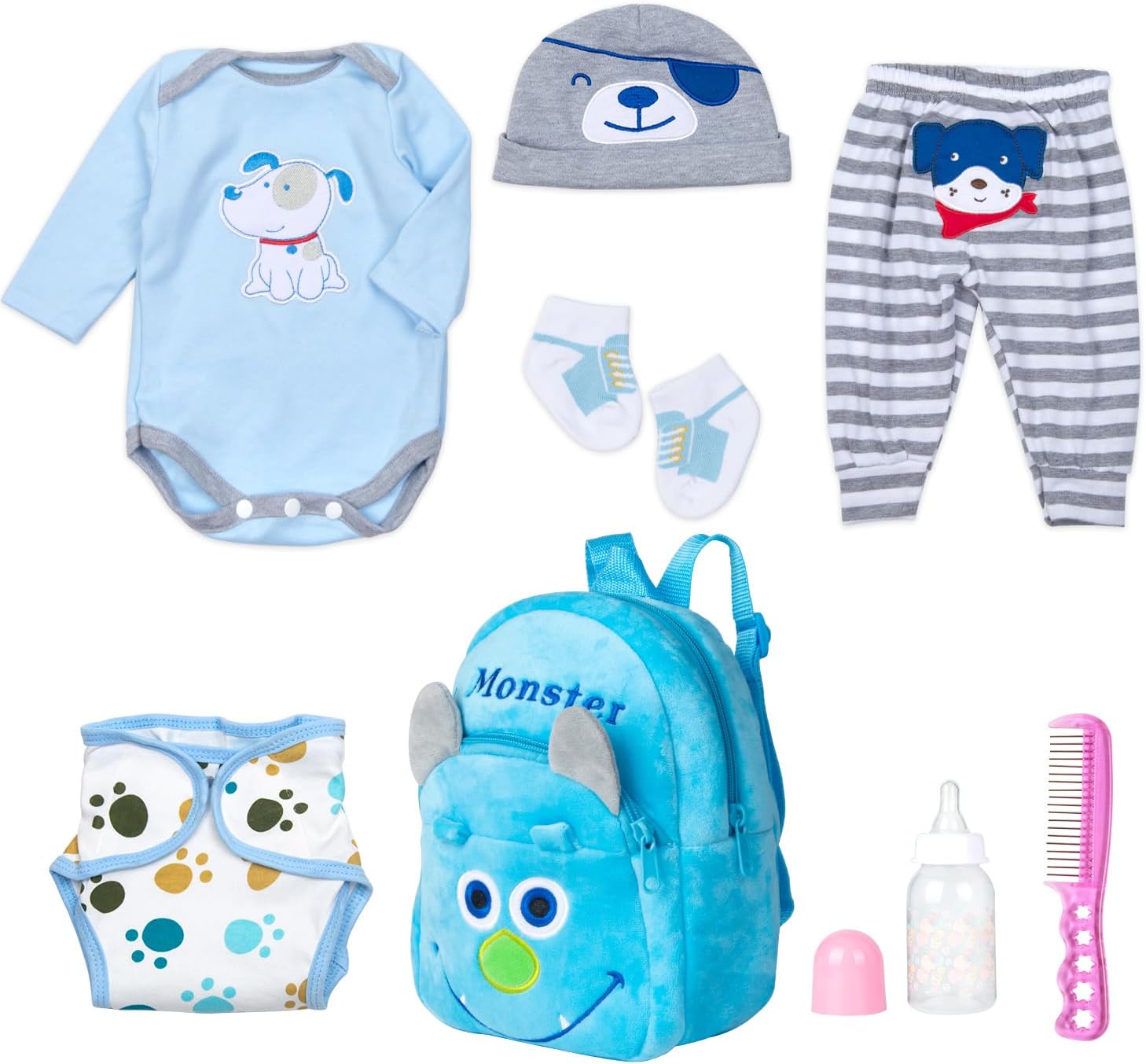 PEDOLLTREE 8 Pcs Reborn Baby Boy Doll Clothes Blue Puppy Set