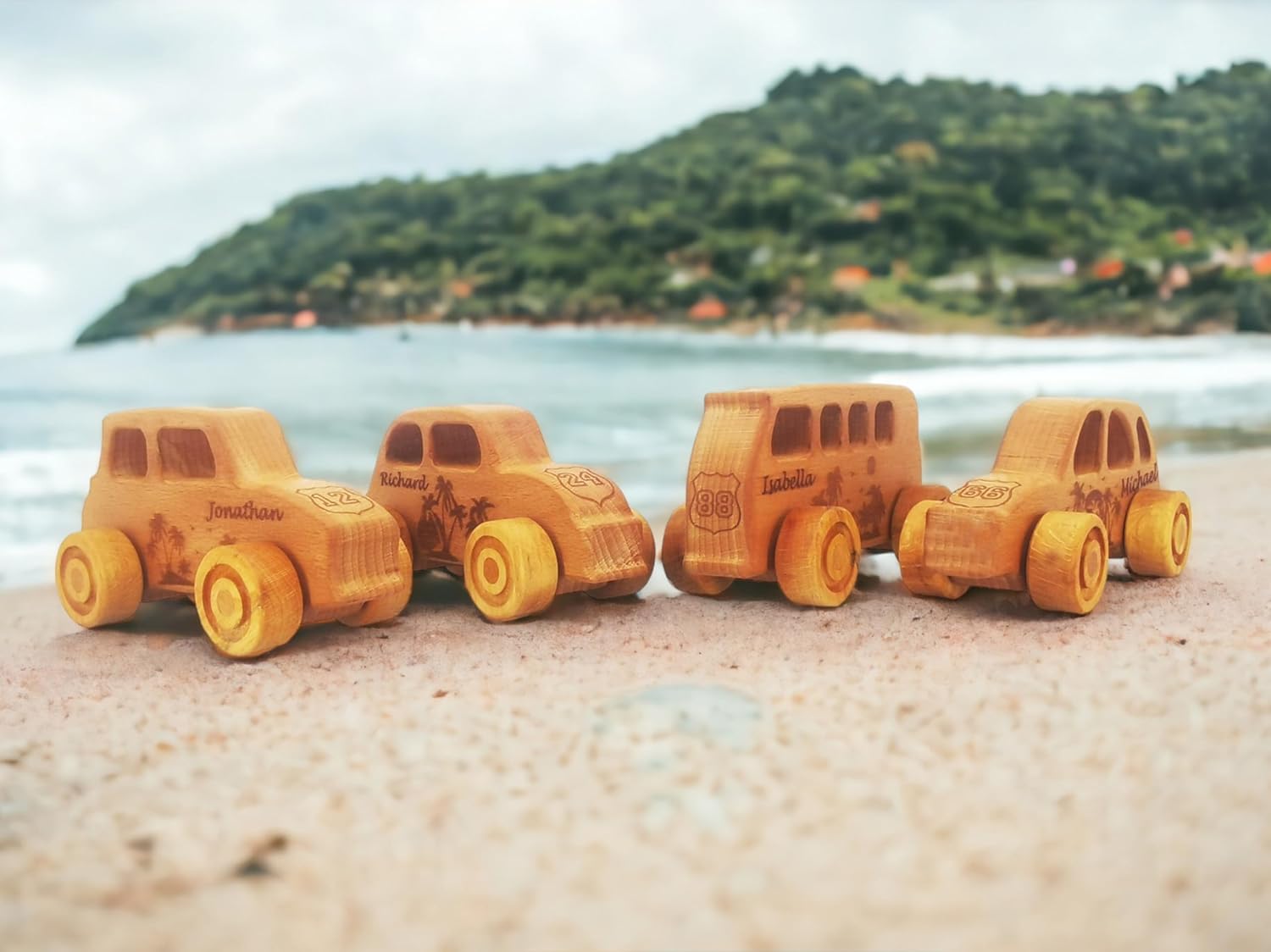 JOLLY WOODPECKER Personalized 4pcs Wooden Toy Cars for Toddlers 1-3
