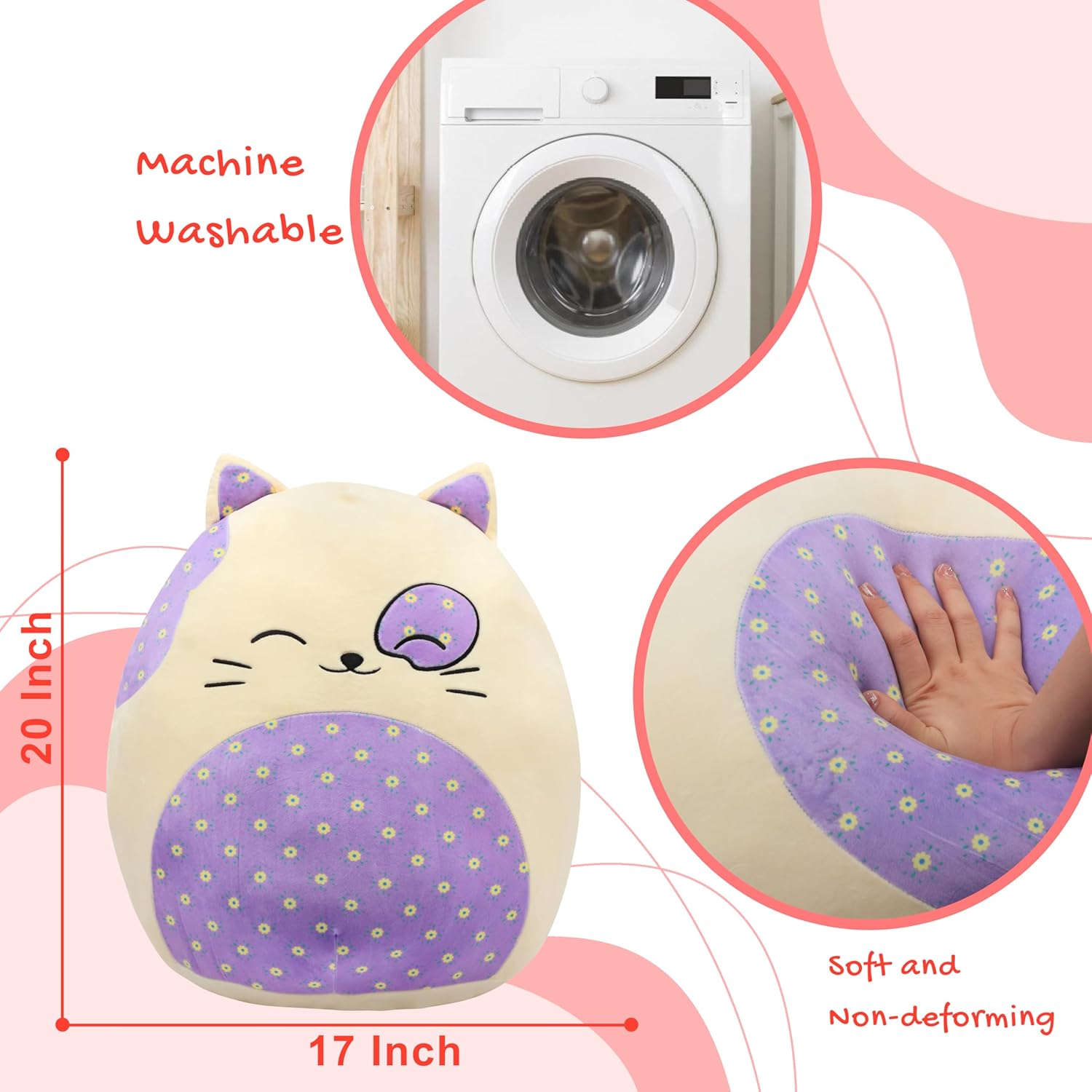 20-Inch Cute Cat Plush Pillow with Floral Belly